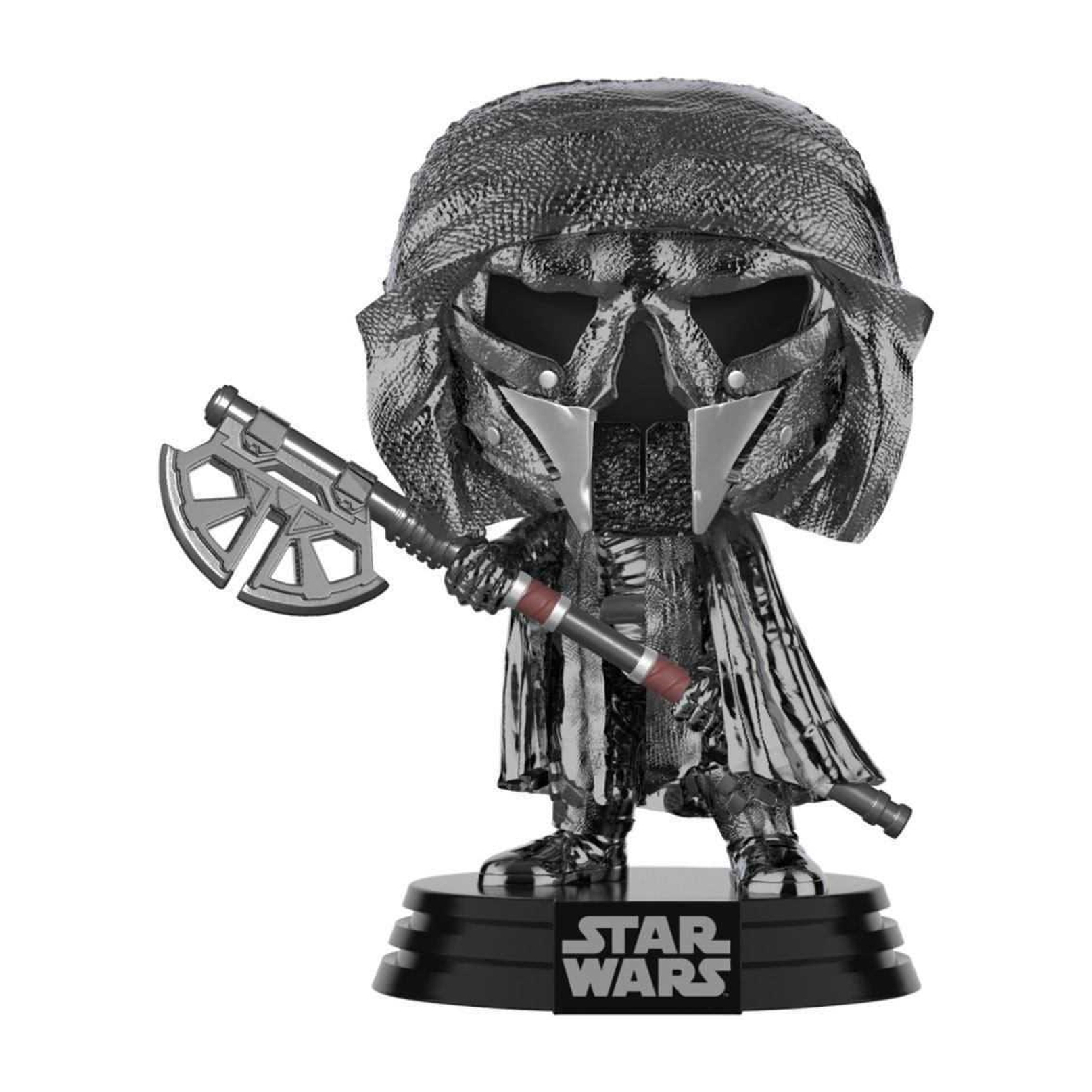Darth Malgus Figur. Er trägt einen schwarzen Helm, hält eine Doppelklingen-Axt und einen schwarzen Umhang.