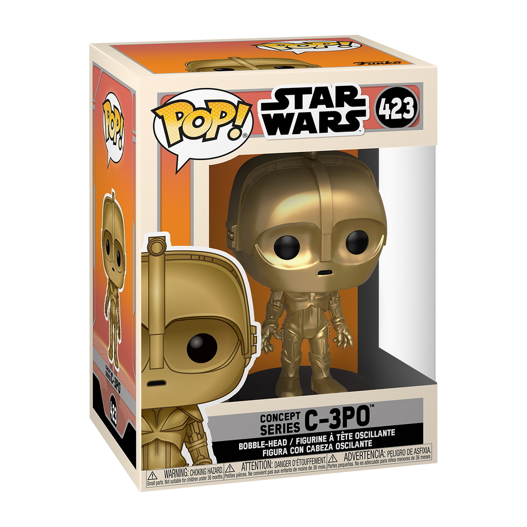 Verpackte Funko Pop Figur von C-3PO. Goldene Figur mit Wackelkopf. Box hat Star Wars und C-3PO Logo.
