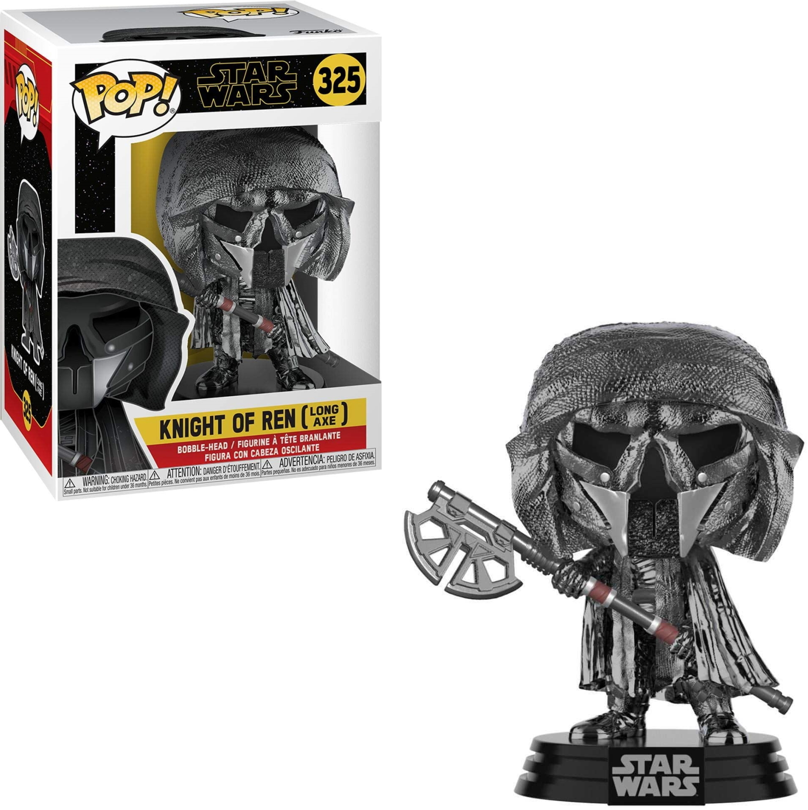 Star Wars Knight of Ren Funko Pop Figur mit schwarzem Helm, Waffe und einer Box.