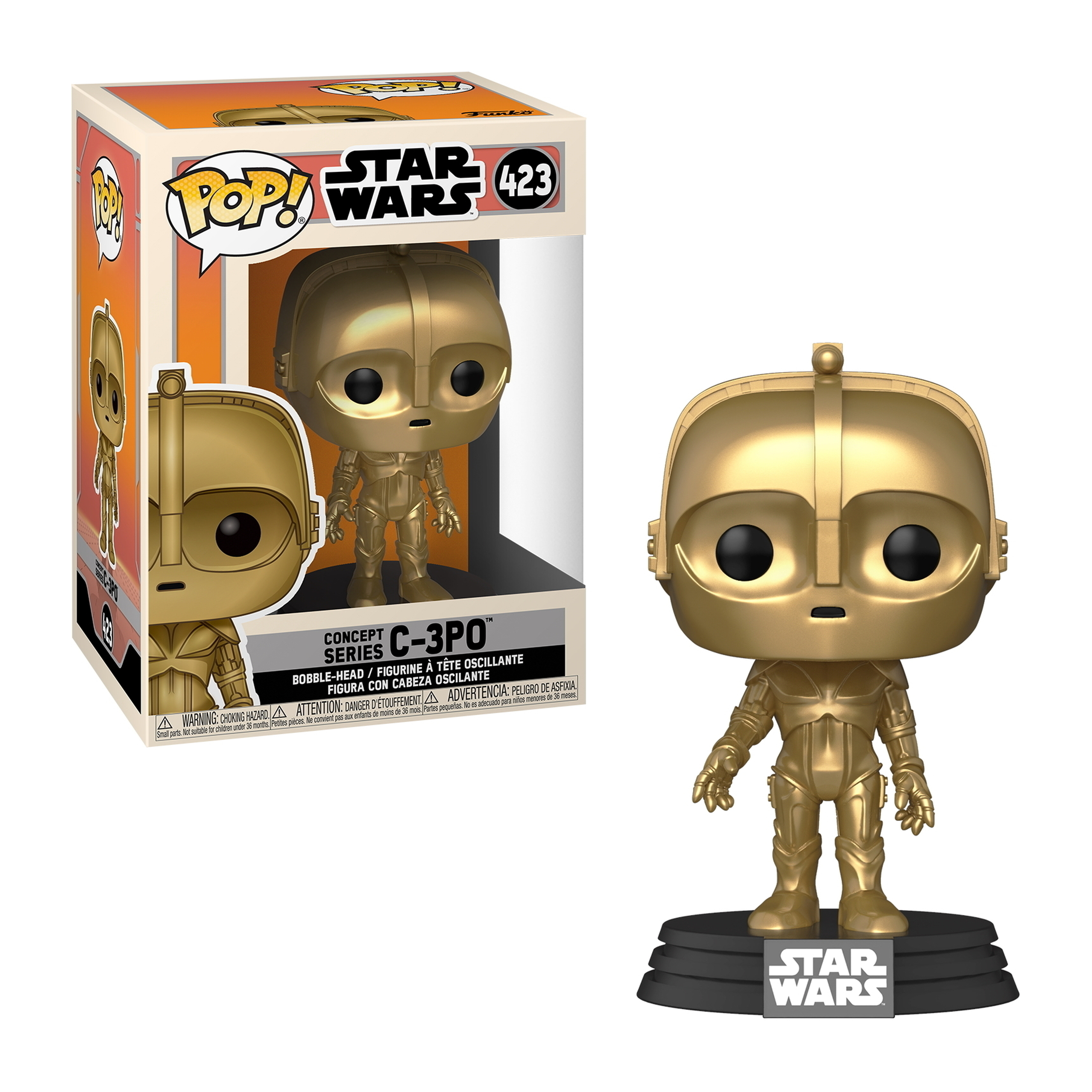 C-3PO Funko Pop. Goldener Roboter auf schwarzer Basis. Star Wars Logo auf Basis und Box.