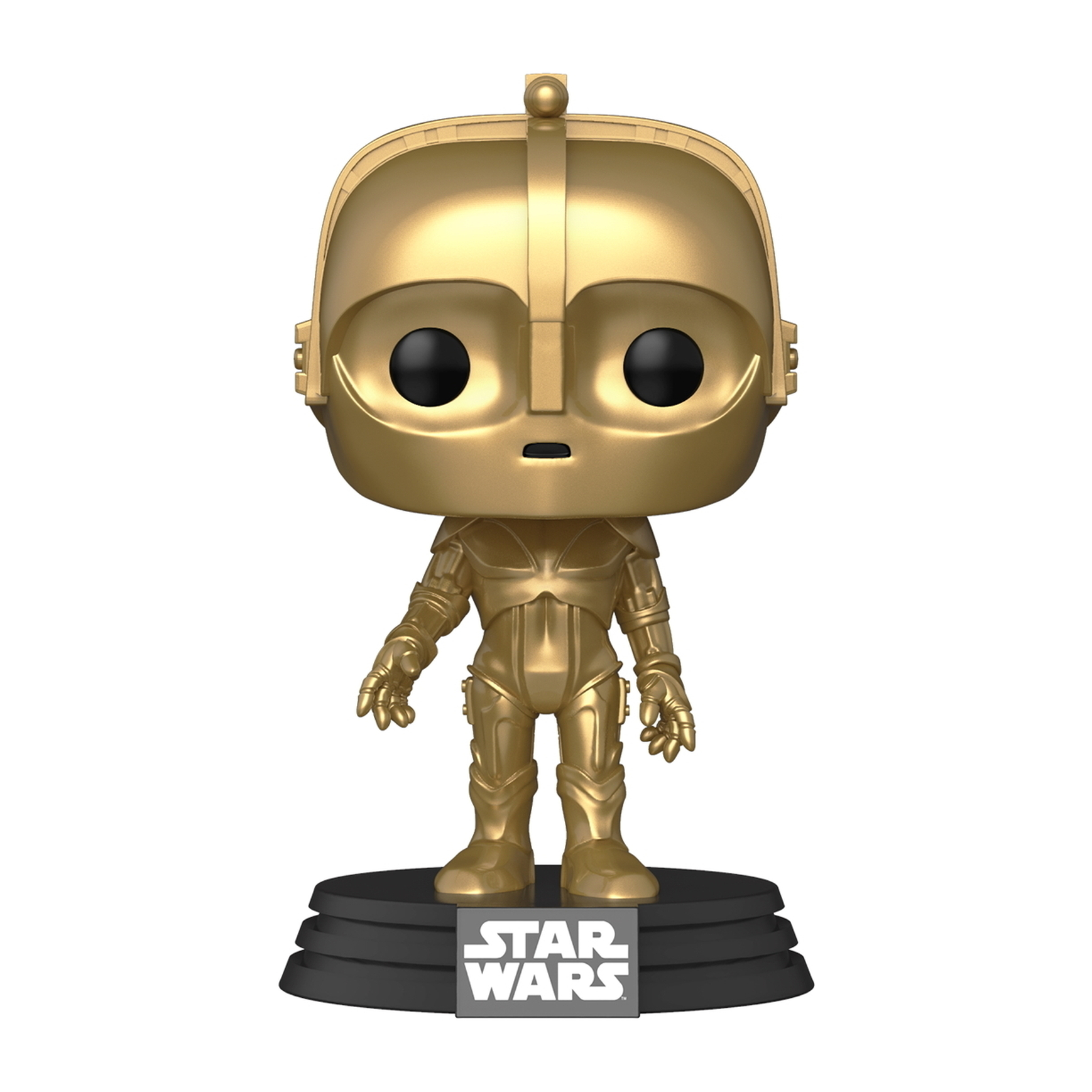 C-3PO Funko Pop Figur, goldener Körper, auf schwarzer Basis mit Star Wars Text.
