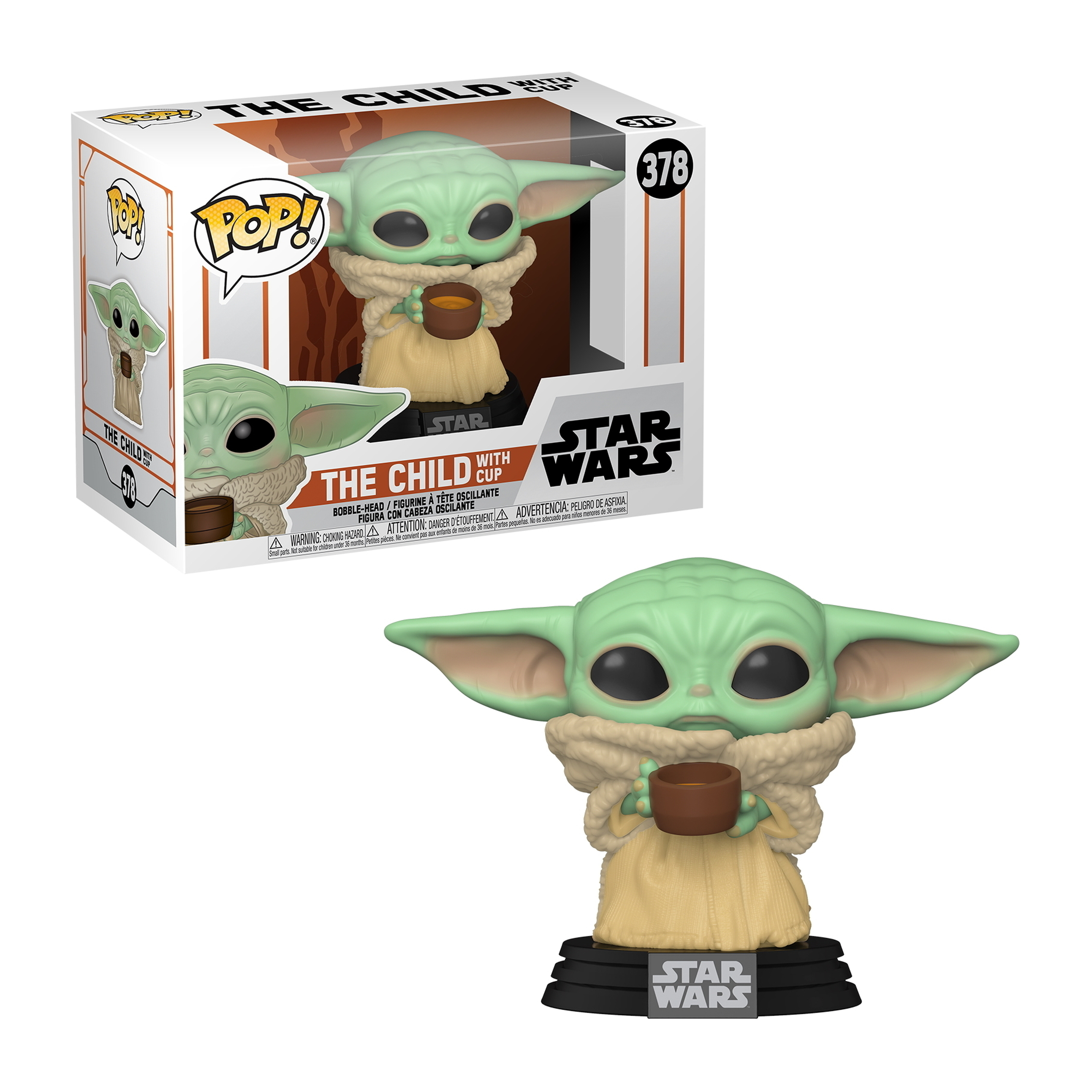 Figurka Dziecka, w brązowej szacie, trzymająca kubek, na podstawie Star Wars.