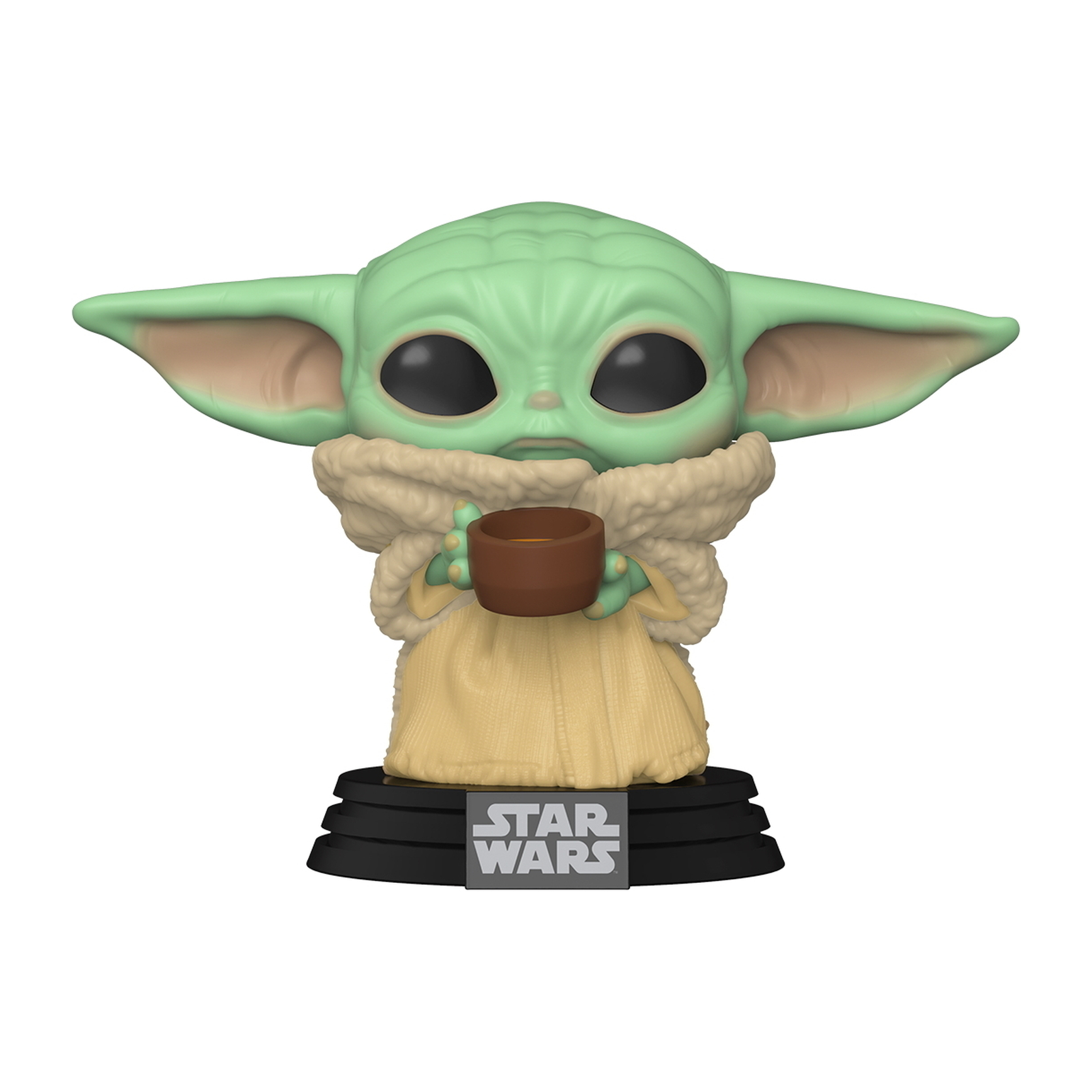 Figurka Baby Yoda Funko Pop trzymająca kubek, z podstawą Gwiezdnych Wojen i pudełkiem.