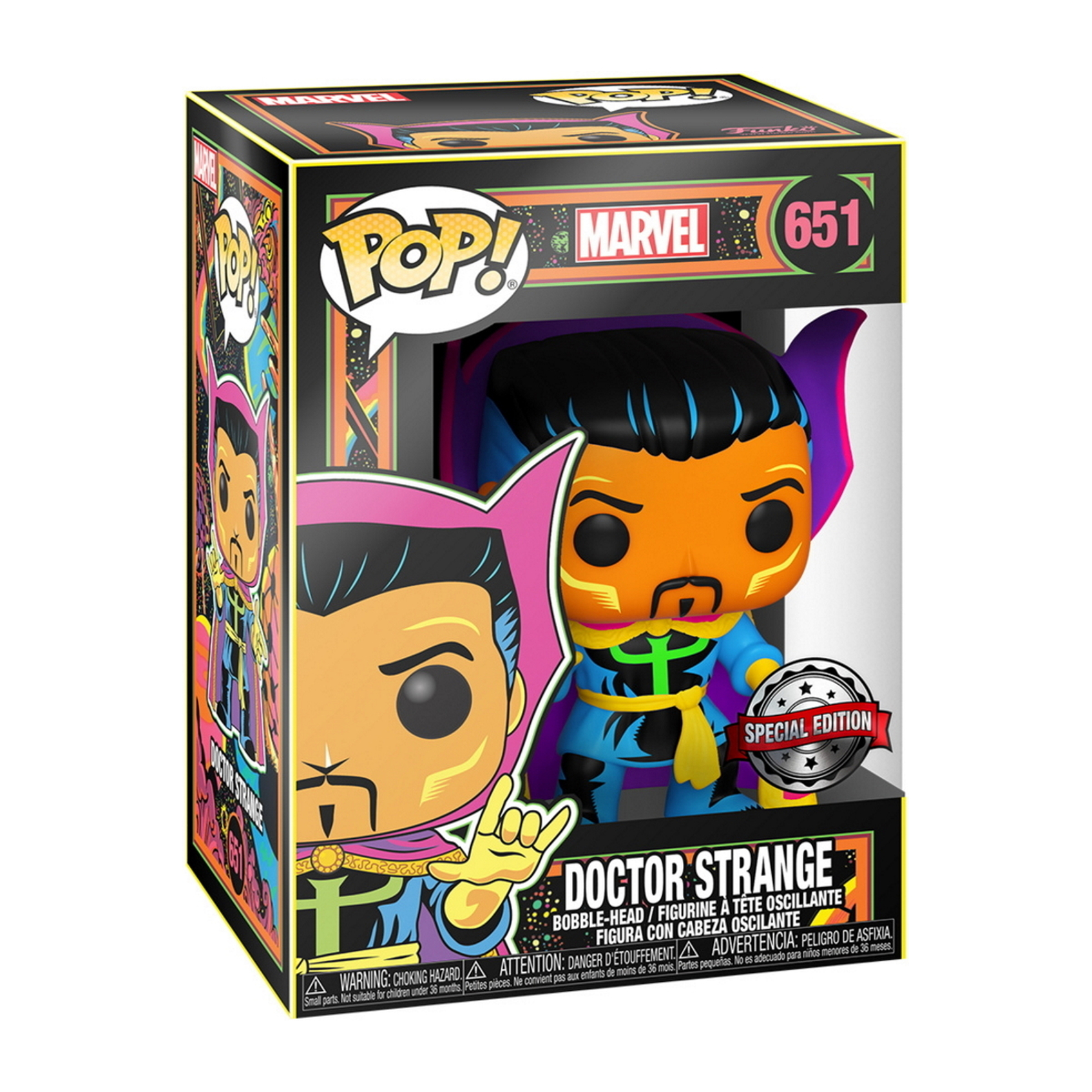Doctor Strange Figur in Box. Oranges Gesicht, schwarzes Haar, blaues und goldenes Kostüm, mit Umhang.