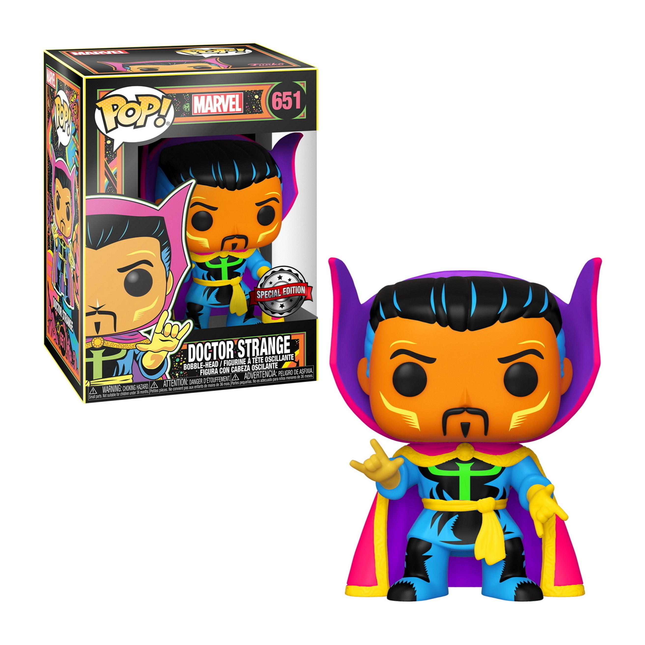 Funko Pop von Doctor Strange in einer Box. Die Figur trägt Blau, Lila und Gelb. Es ist eine Sonderausgabe.
