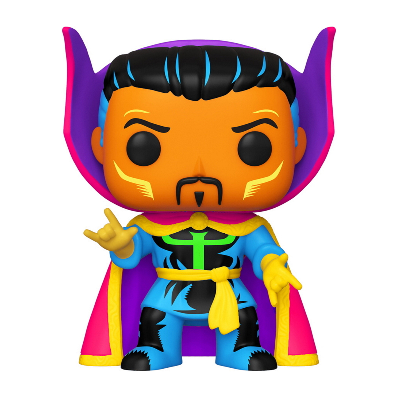Doctor Strange Funko Pop Figur, im Kostüm. Oranges Gesicht, schwarzes Haar, blauer Anzug, lila Umhang.