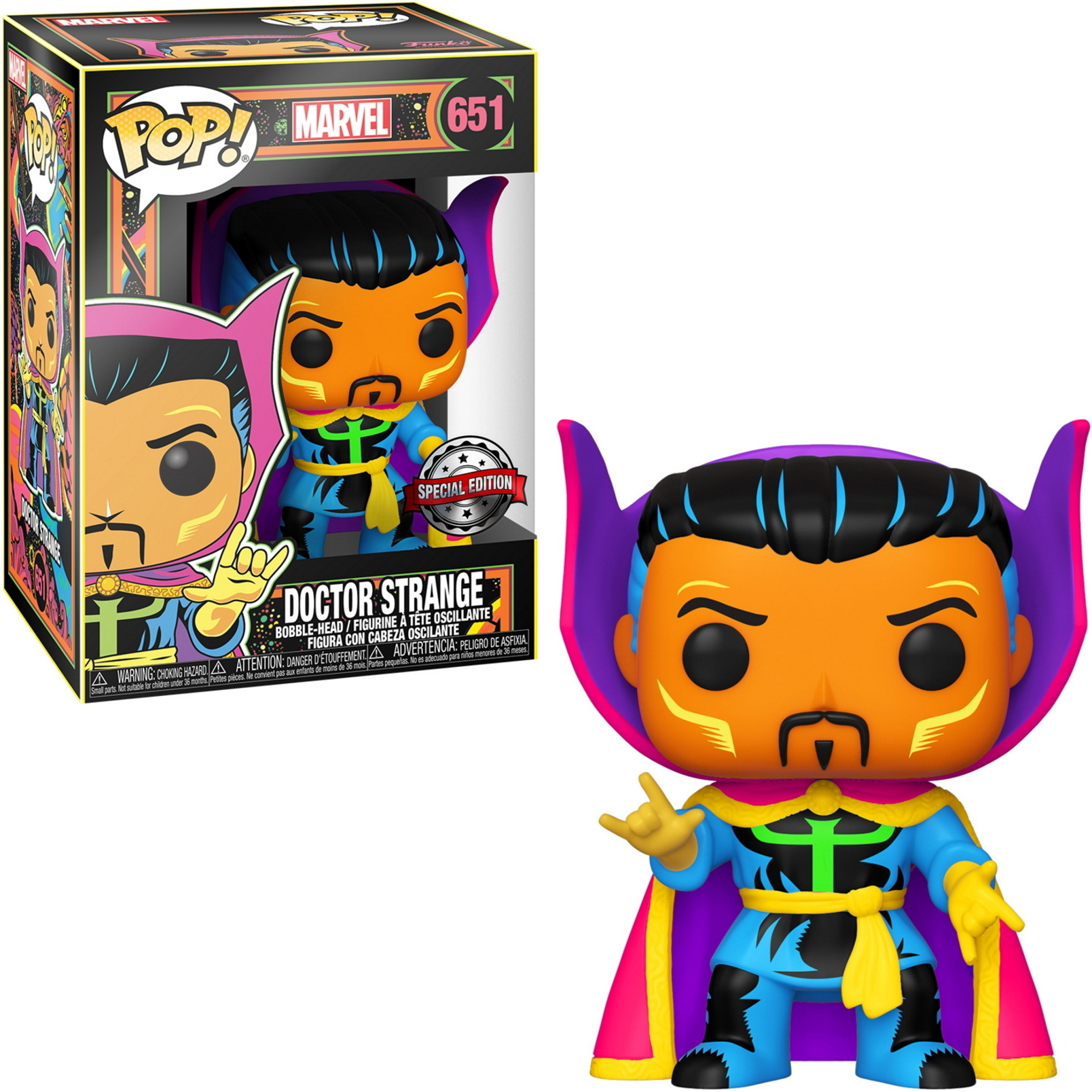 Doctor Strange Funko Pop Figur in einer Box und Figur. Trägt blaue und gelbe Kleidung.