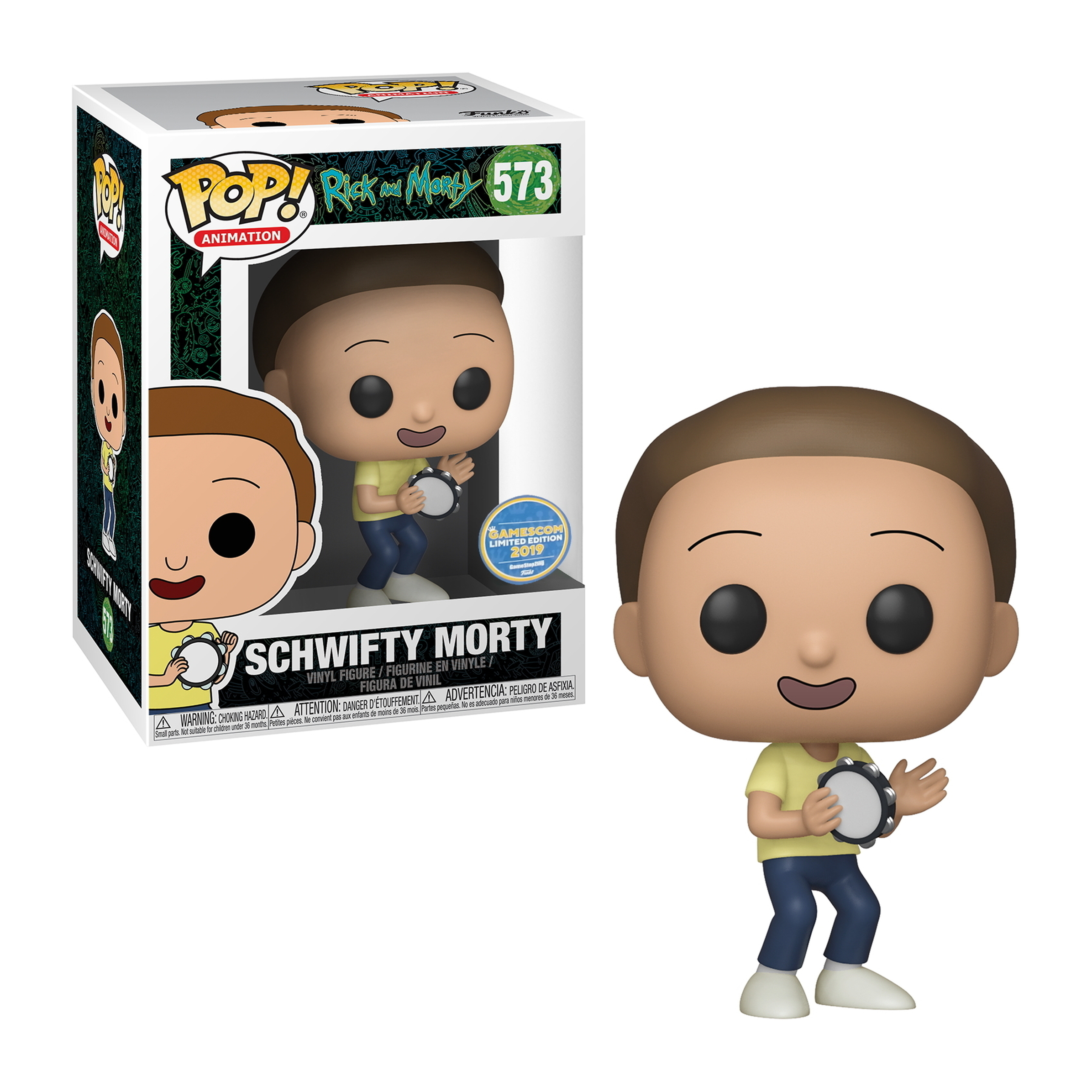 Schwifty Morty-Figur mit einem Tamburin, mit einer Box mit ihm und Text.