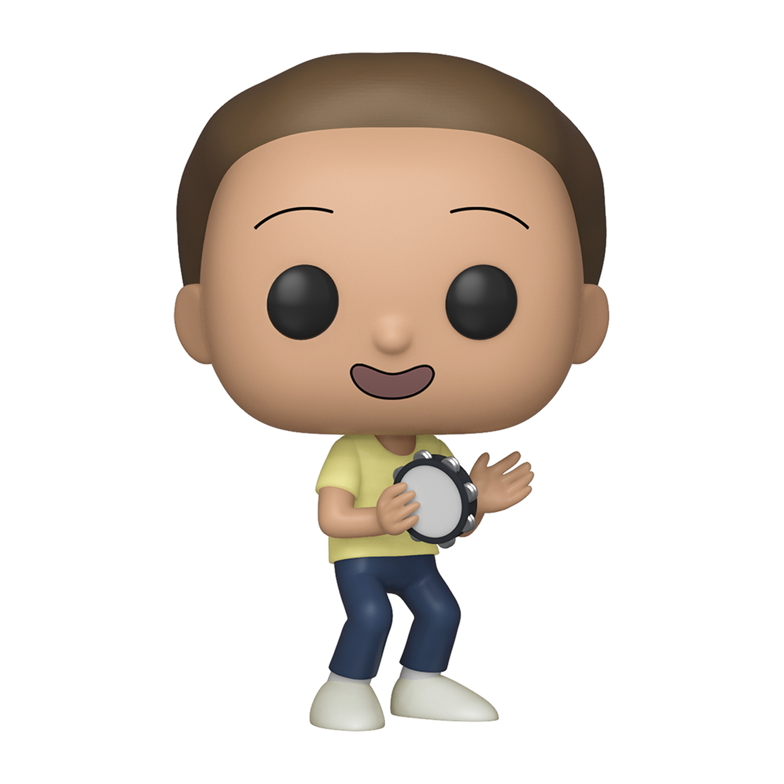 Morty Smith Funko Pop Figur, mit Tamburin. Gelbes Hemd und blaue Hose, lächelnd.
