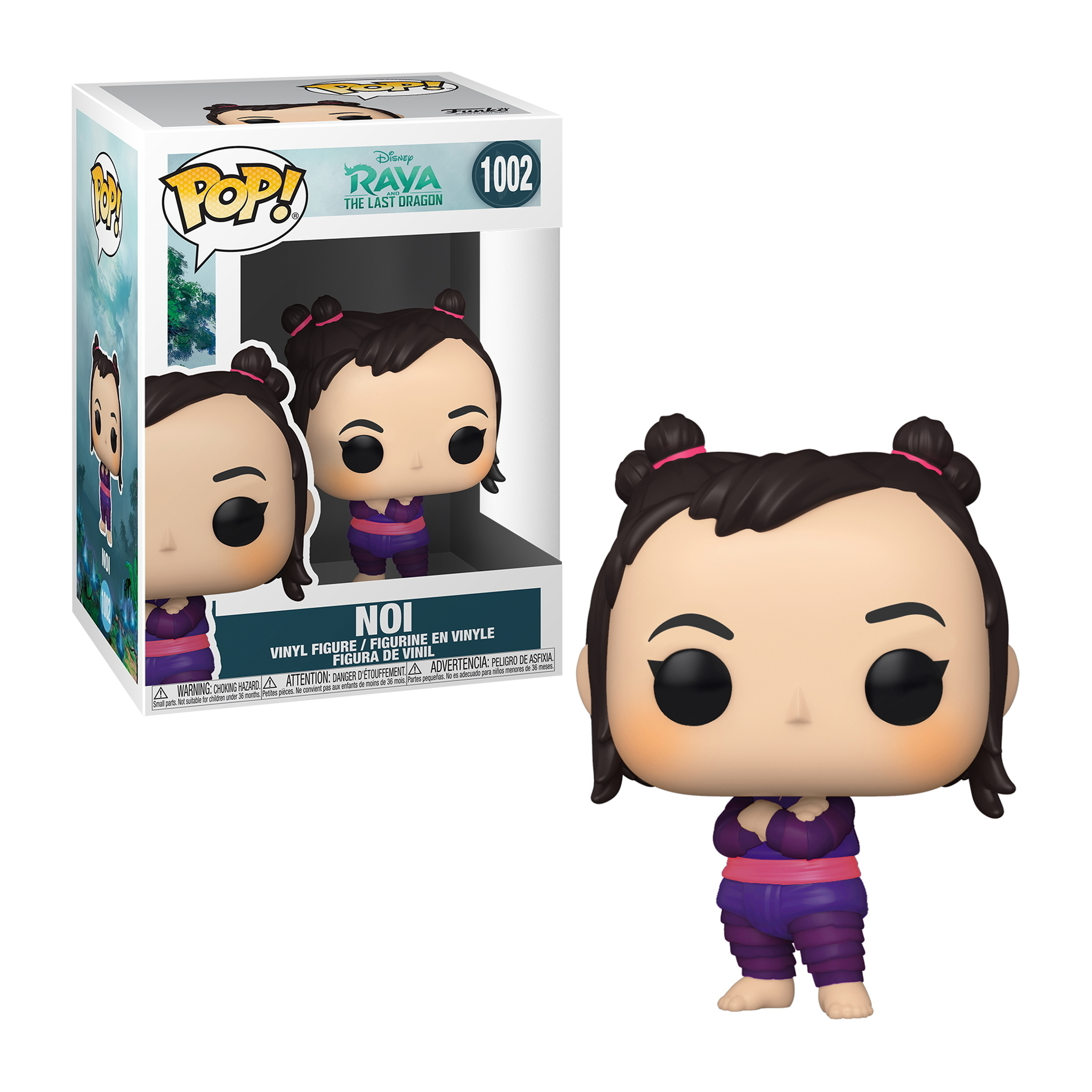 Funko Pop Figur von Noi aus Raya und der letzte Drache. Sie hat zwei Dutt und trägt ein lila Outfit.