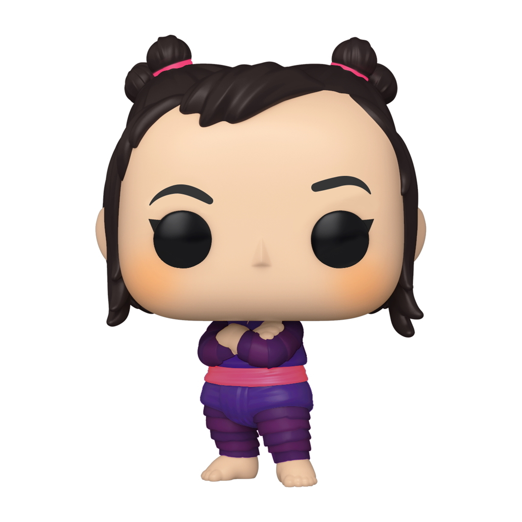 Funko Pop Figur, Mädchen mit zwei Dutt, lila Outfit, verschränkte Arme. Weiße Haut, schwarze Augen.