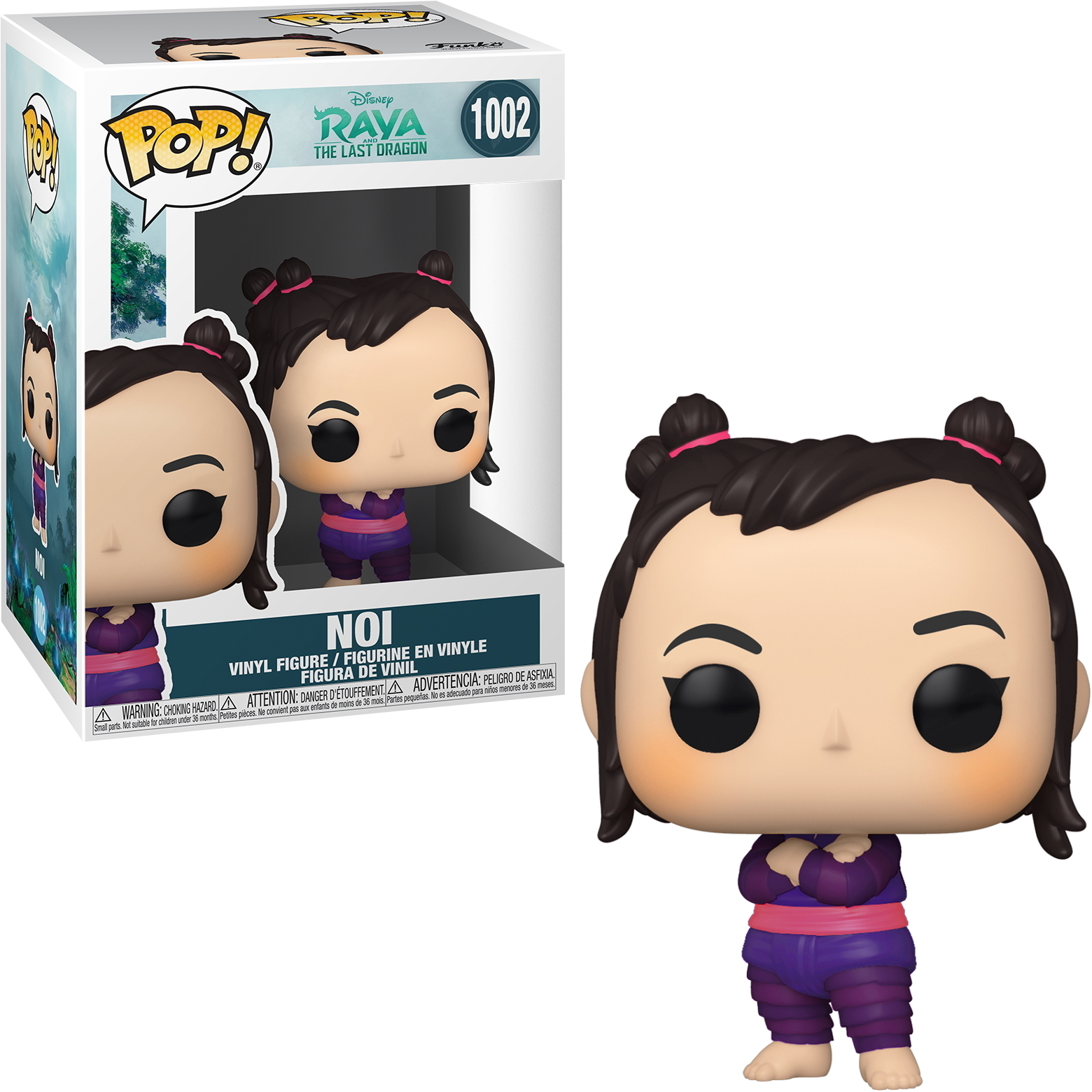 Noi Figur. Ein Mädchen mit dunklen Haaren in lila Outfit. Box zeigt Figur und Filmlogo.