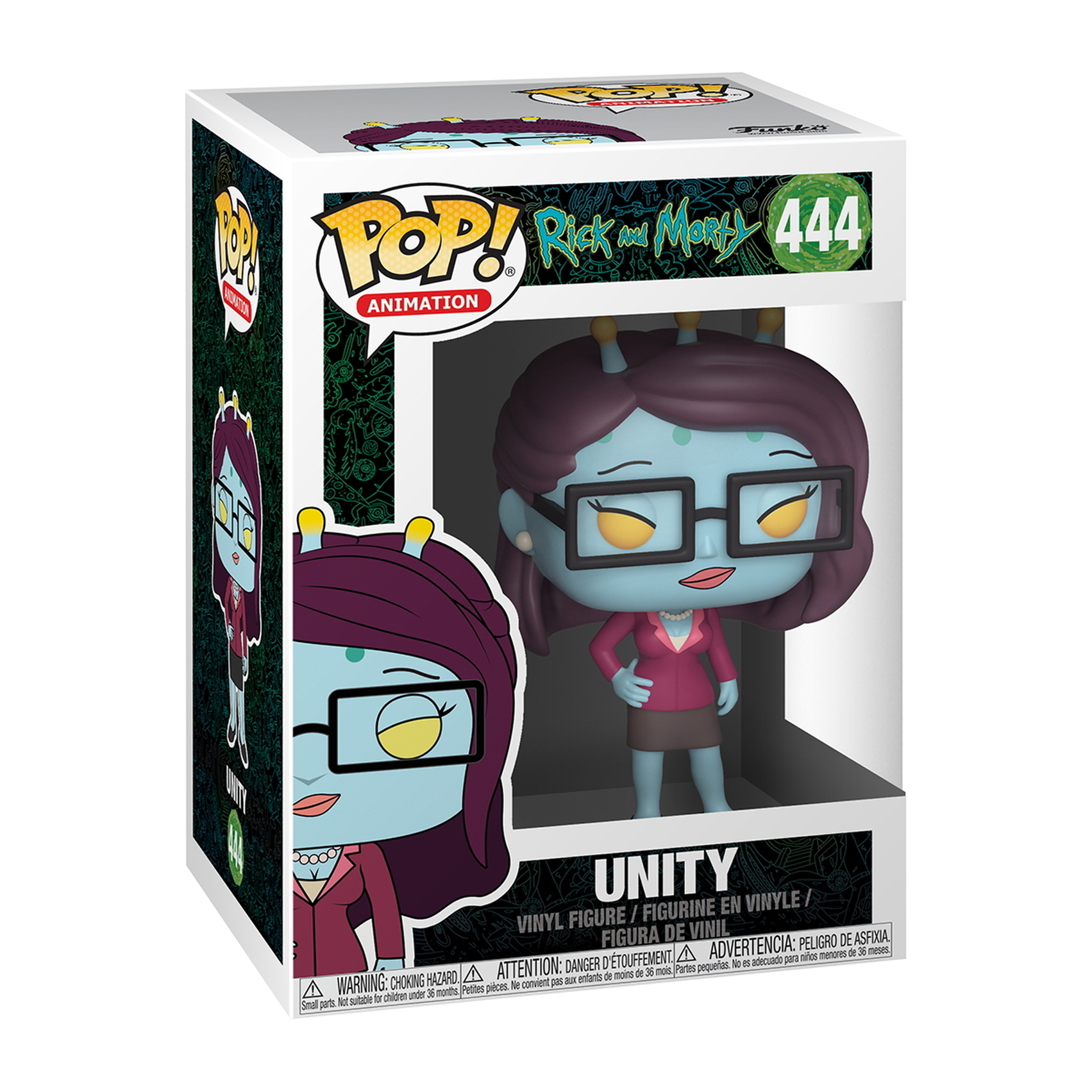 Figura Pop! di Unity Rick e Morty in una scatola. Ha la pelle azzurra, indossa gli occhiali.