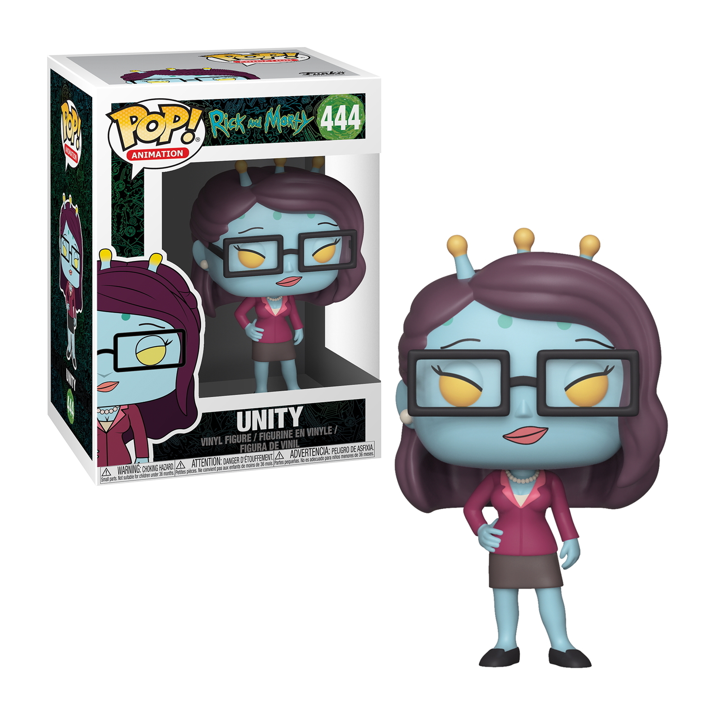 Figura Funko Pop di Unity. Pelle blu, occhiali, capelli viola, blazer rosa. Scatola.
