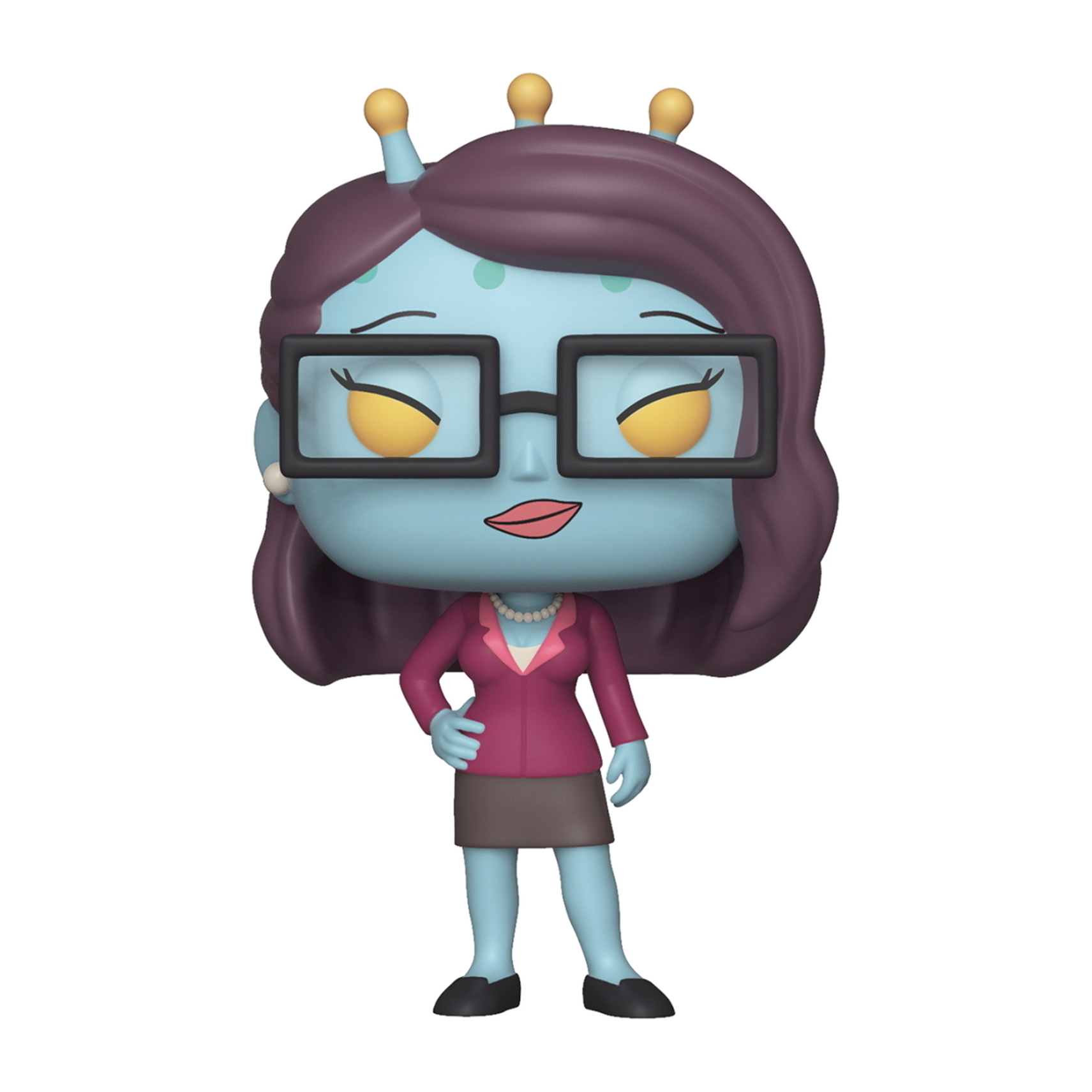 Figura Rick e Morty professoressa aliena Funko Pop. Pelle blu, occhiali e giacca rosa. Bianco.