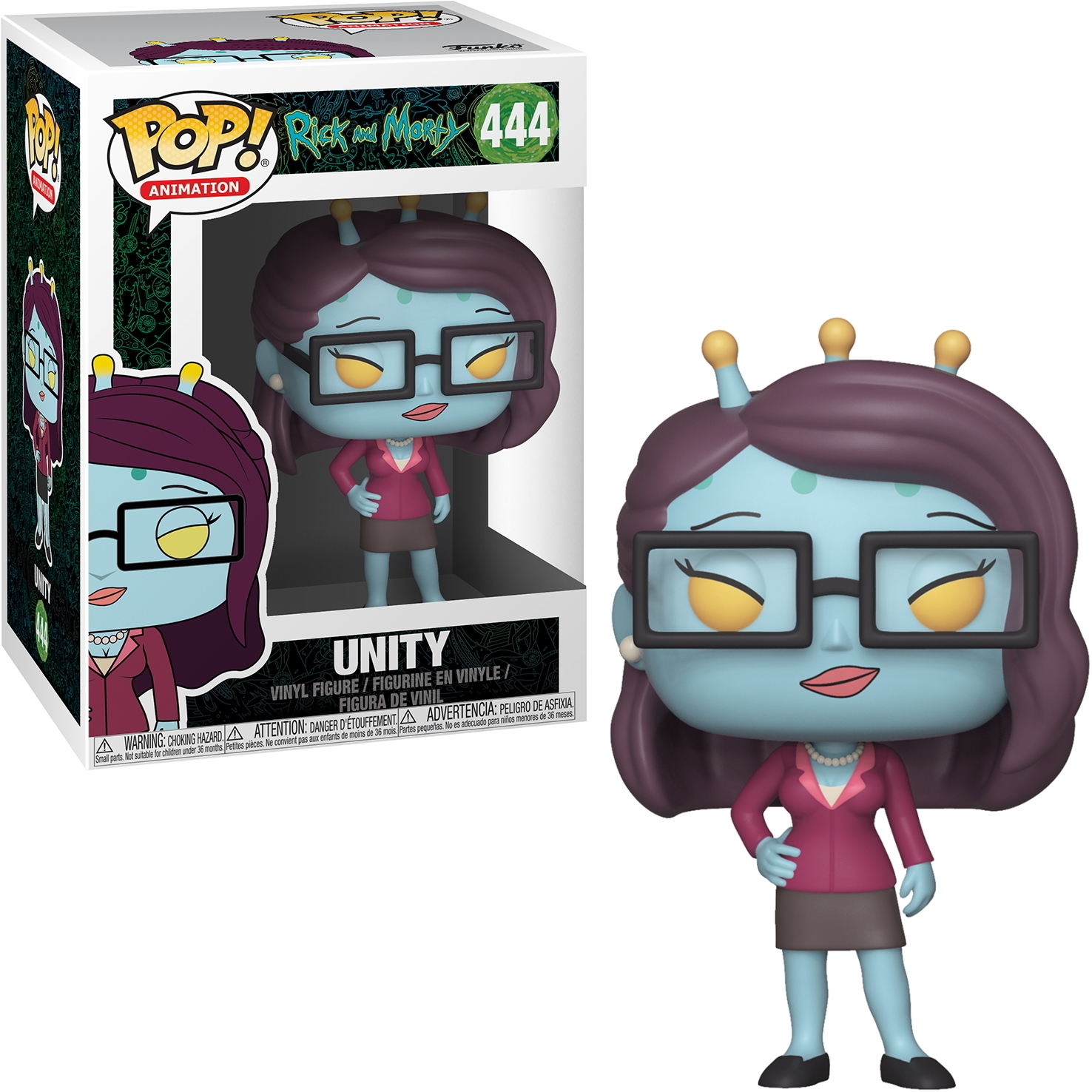 Una figura Funko Pop di Unity da Rick e Morty, con una scatola a sinistra.