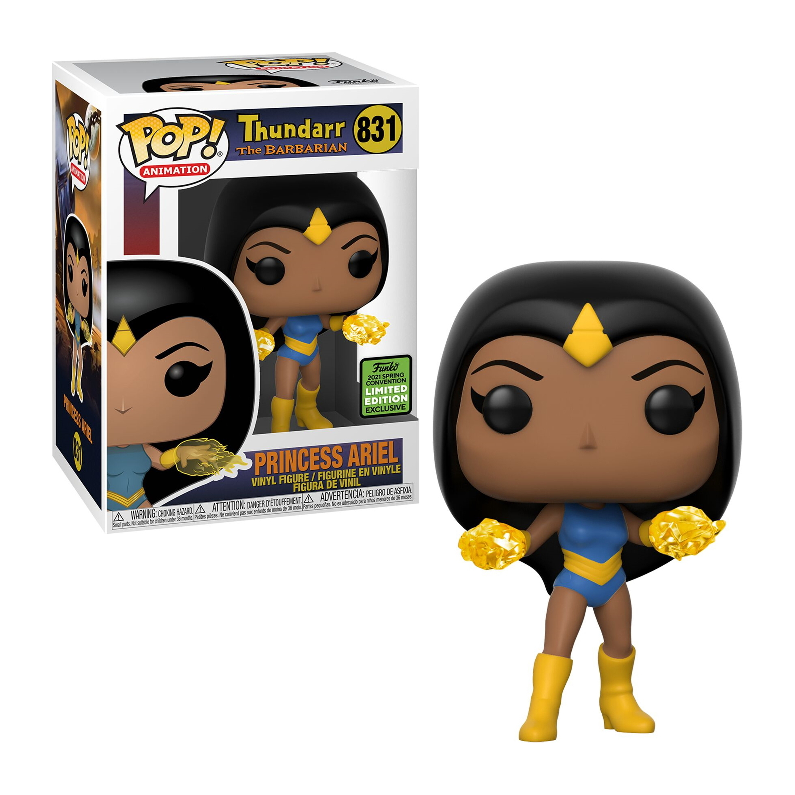 Prinzessin Ariel Funko Pop Figur mit Box. Sie trägt Blau und Gelb und hält gelbe Edelsteine.