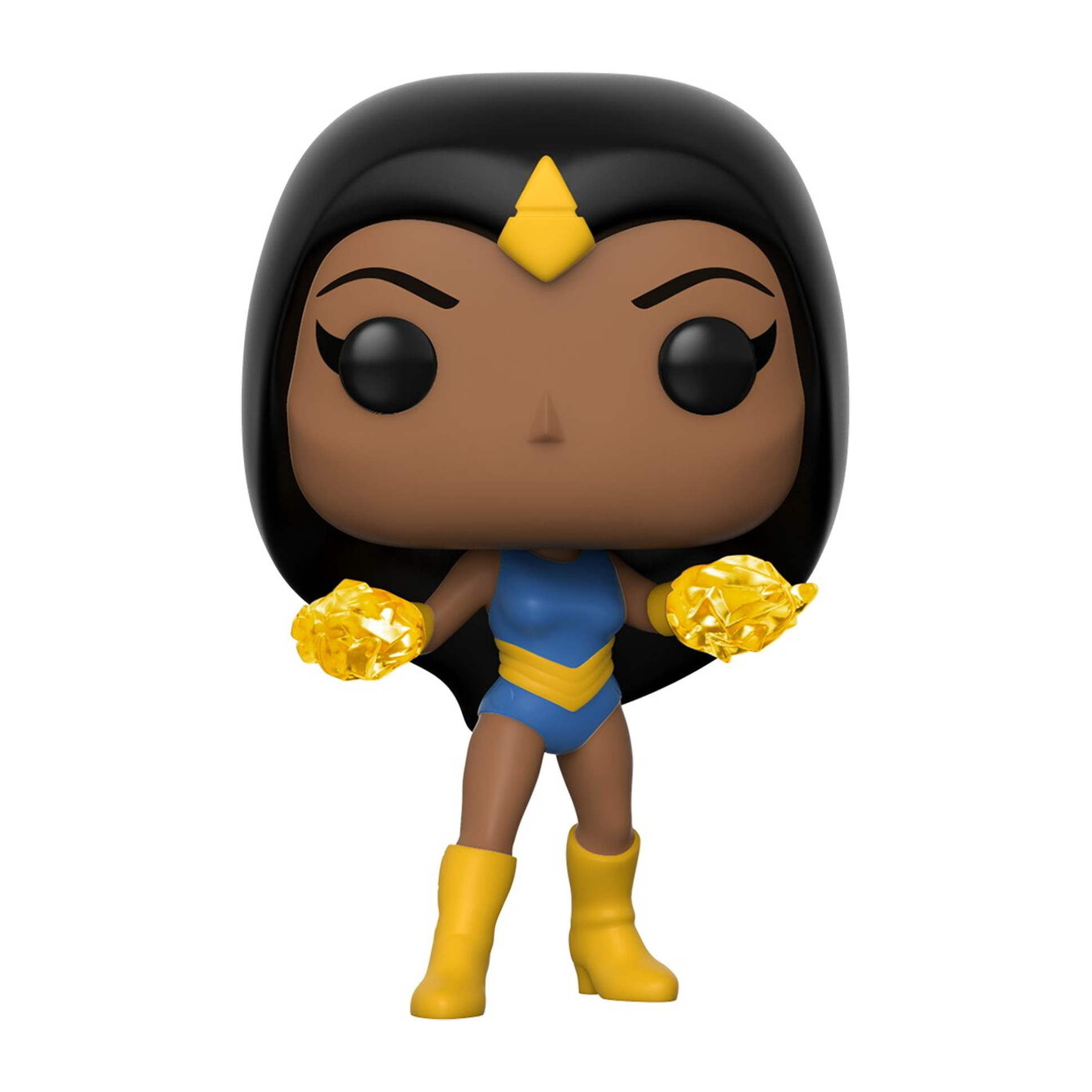 Weibliche Superhelden Funko Pop Figur. Schwarze Haare, gelbe Akzente und blauer Anzug. Weißer Hintergrund.