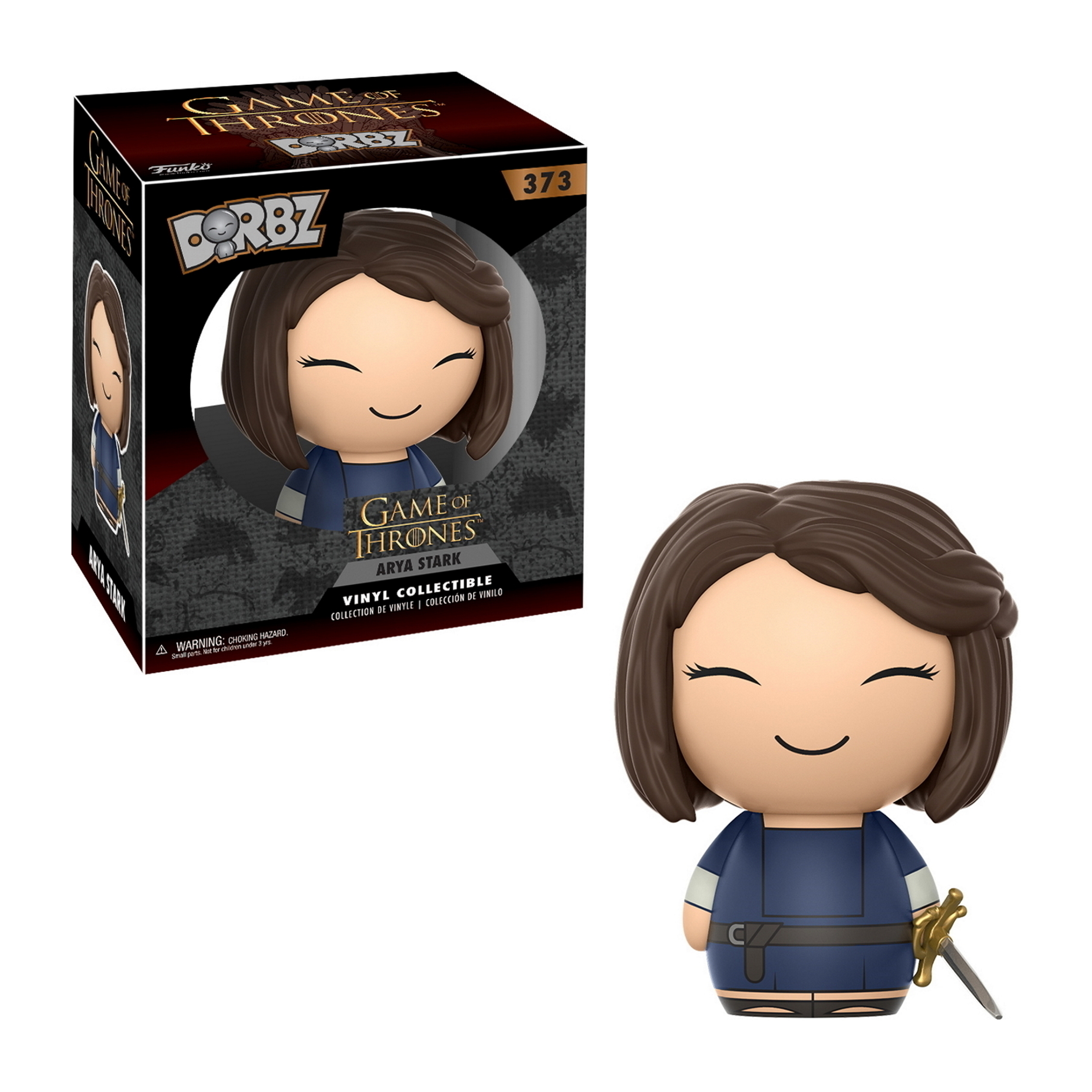 Game of Thrones Dorbz Figur von Arya Stark, mit lächelndem Gesicht und Schwert.