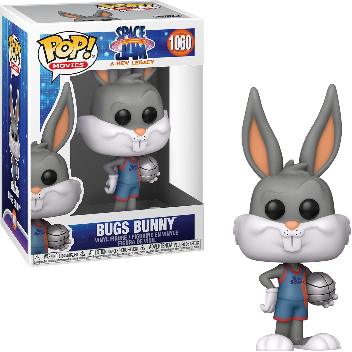Bugs Bunny Space Jam Funko Pop Figur. Grauer Hase im blauen Space Jam-Outfit, hält einen Basketball. Boxed.