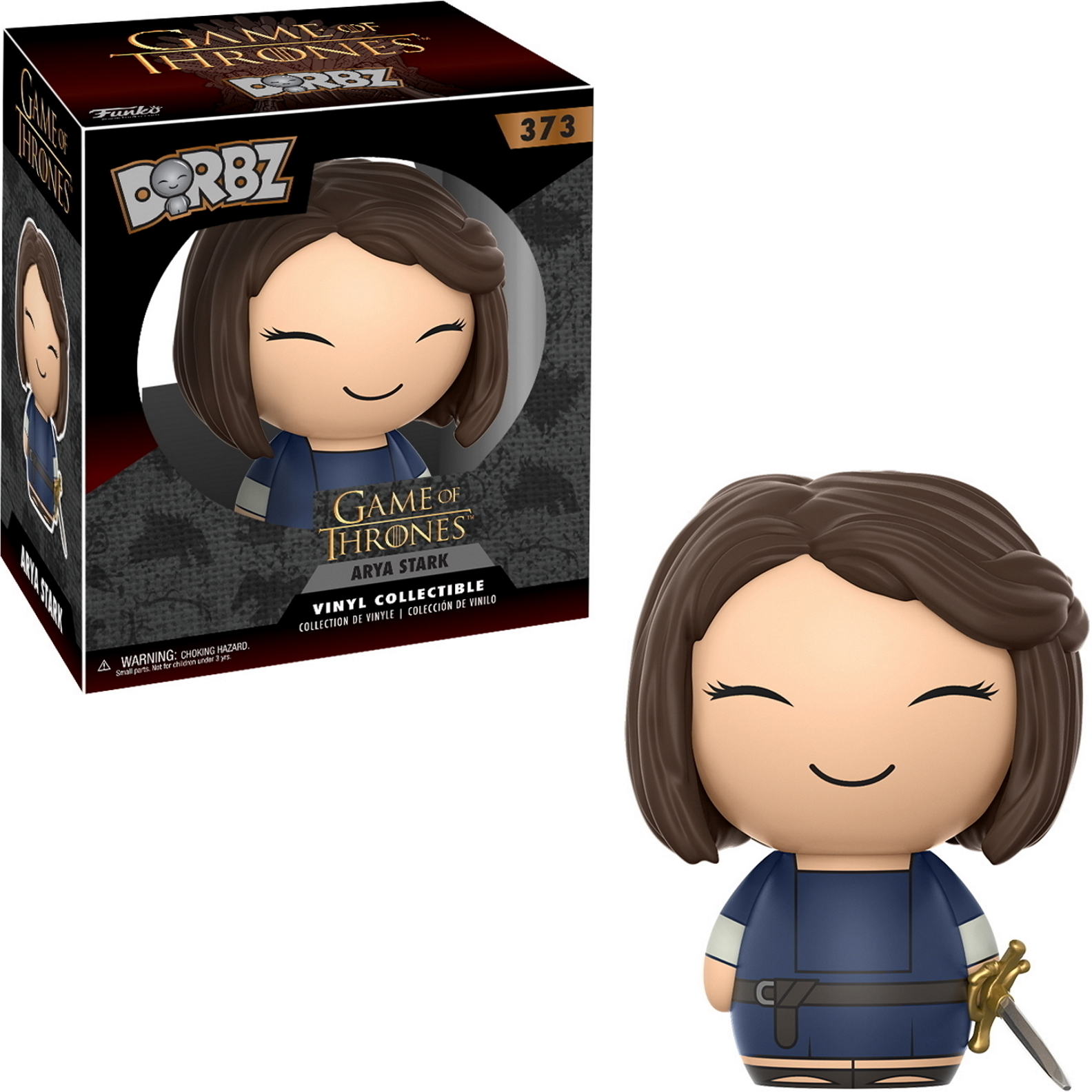 Eine Game of Thrones Arya Stark Dorbz Figur in einer Box. Sie hat braune Haare und ein blaues Kleid mit Schwert.