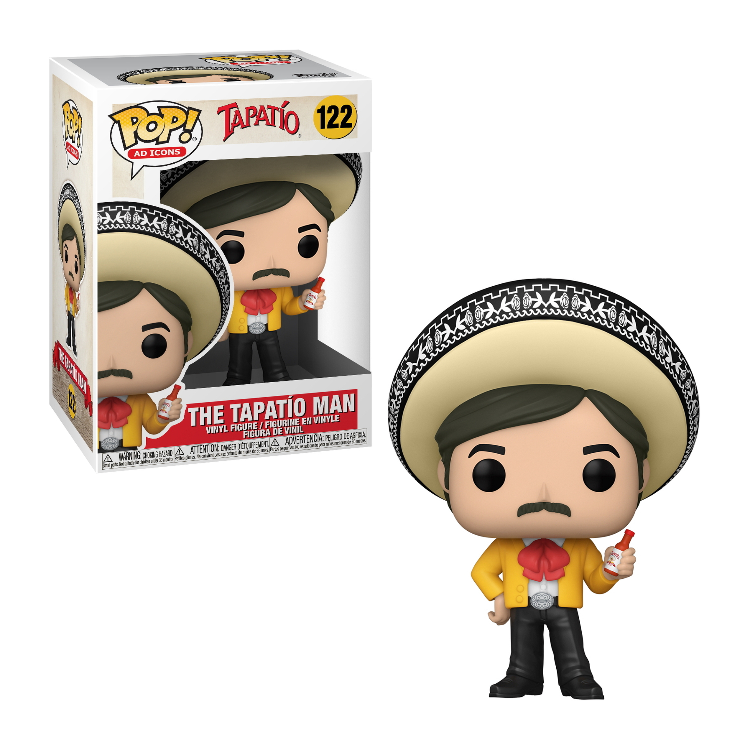 Figura di Tapatio Man Funko Pop che tiene una bottiglia di salsa Tapatio. Indossa un cappello, una giacca gialla e una cravatta rossa.