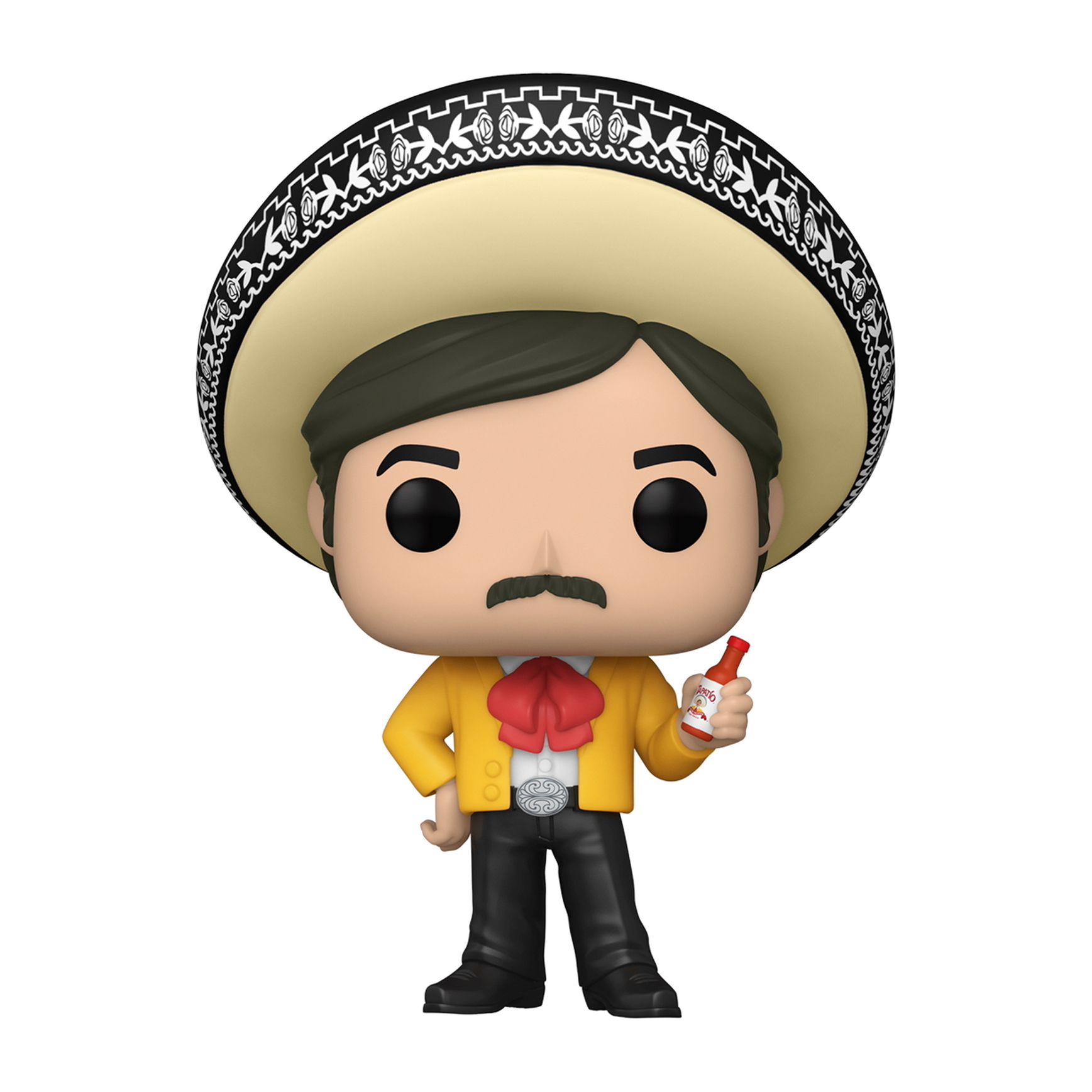 Figura Funko Pop di mariachi, con un sombrero e una bottiglia di salsa piccante.
