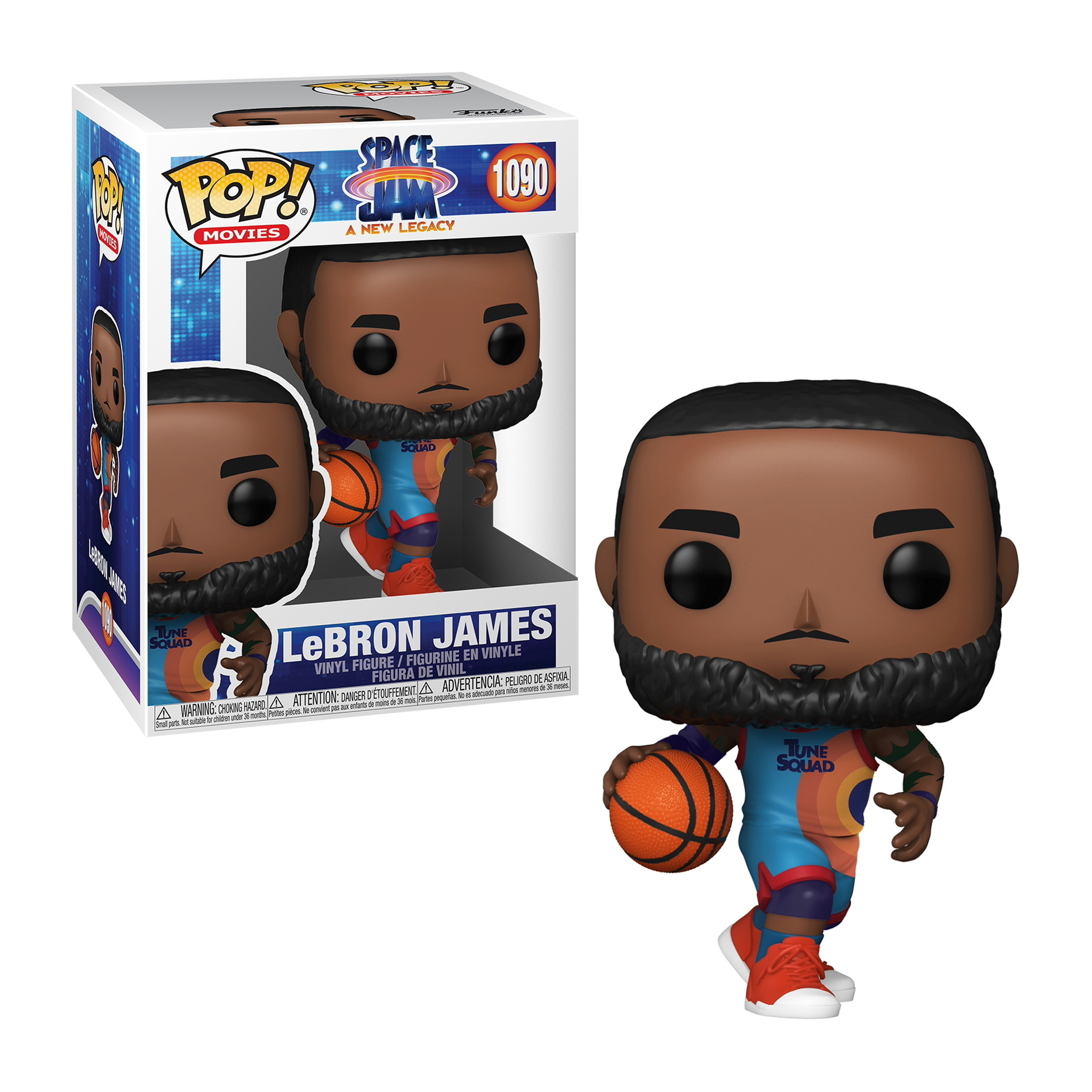LeBron James Funko Pop, trägt Tune Squad Trikot, hält einen Basketball. Boxed Version links.