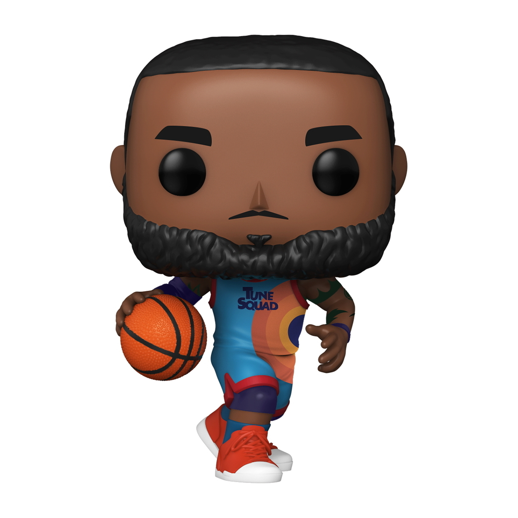 LeBron James Funko Pop Figur, Basketball in der Hand, Tune Squad Trikot, weißer Hintergrund.
