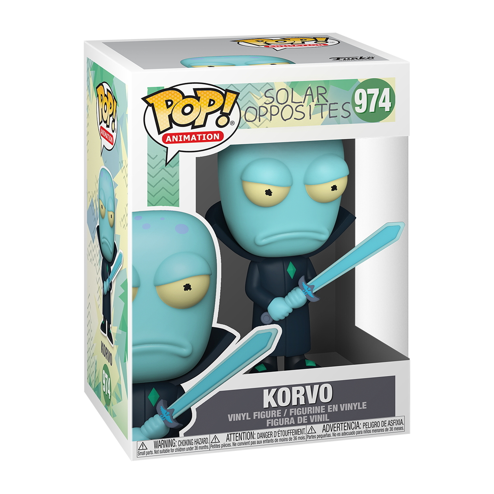 Korvo Funko Pop! Figur in einer Box, blauer Alien hält ein blaues Schwert.
