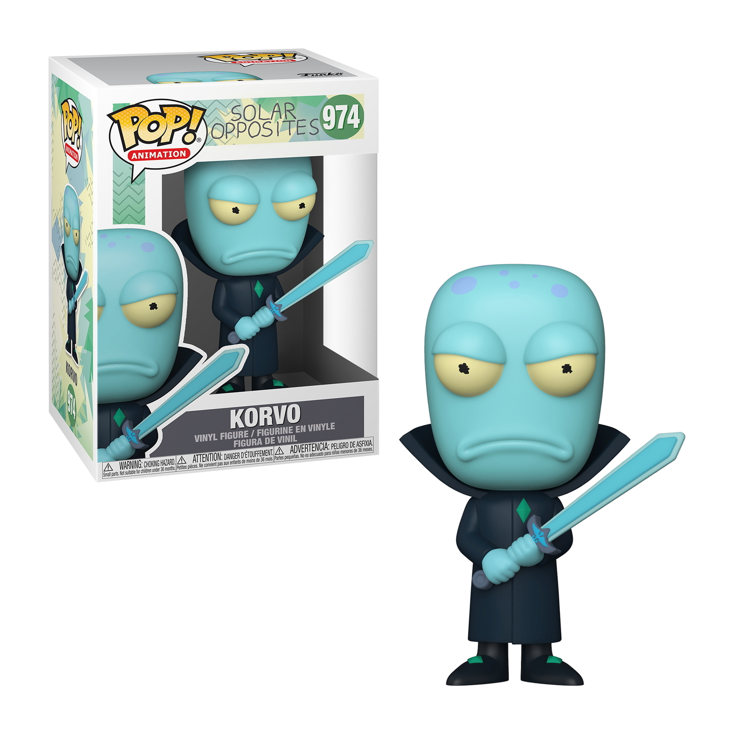 Eine Korvo aus Solar Opposites Funko Pop! Figur mit einem Schwert, mit einer Box im Hintergrund.