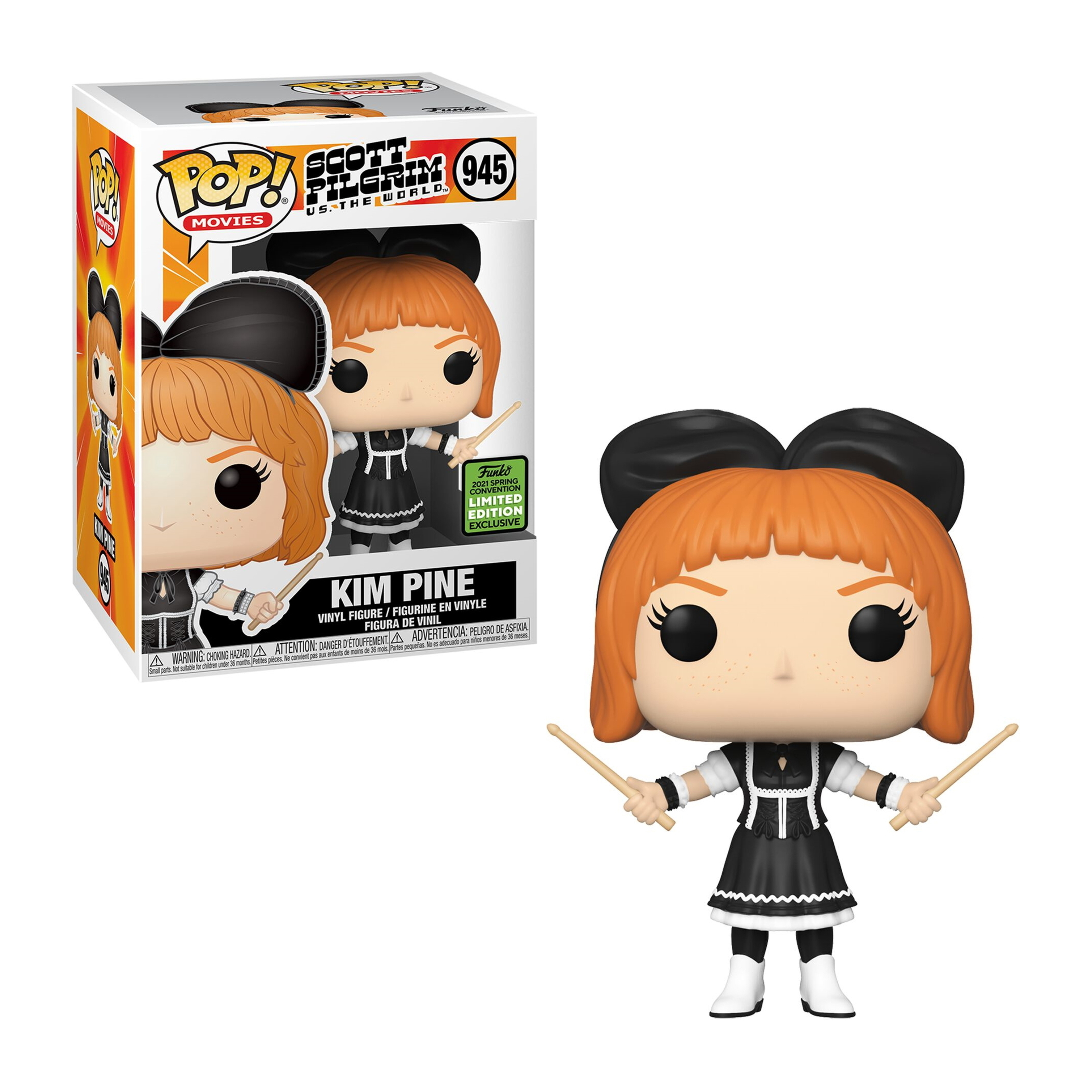 Funko Pop eines Mädchens mit orangefarbenem Haar, das ein schwarzes Kleid trägt und Trommelstöcke hält.