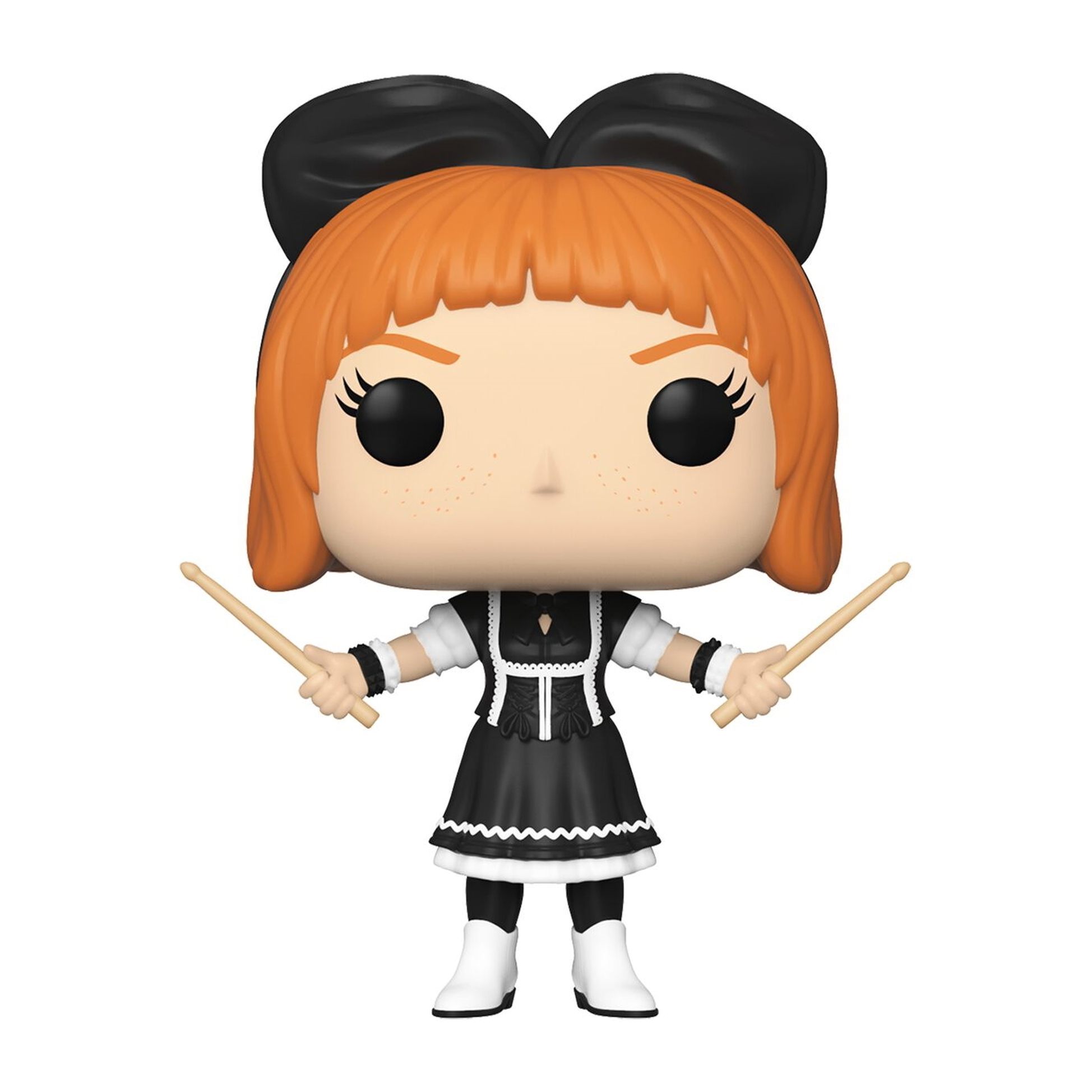 Funko Pop Figur eines Mädchens in schwarzem Kleid mit roten Haaren und einer schwarzen Schleife. Hält Trommelstöcke.