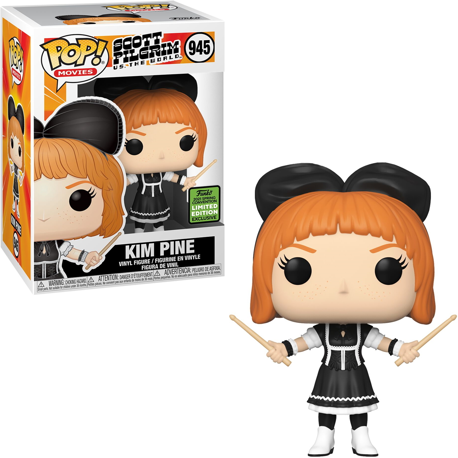 Kim Pine Funko Pop Figur mit schwarzer Schleife, Trommelstöcken und Kleid.