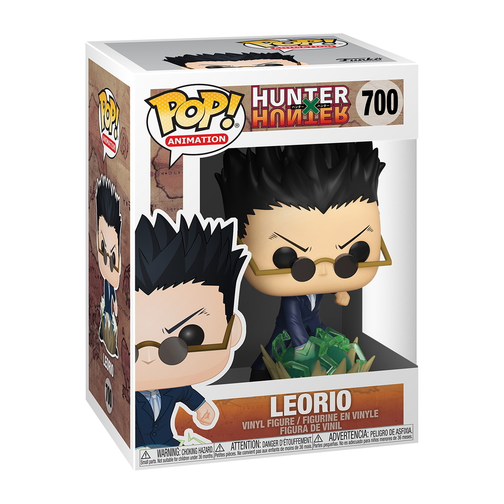 Eine Funko Pop-Figur von Leorio aus Hunter x Hunter, im Anzug, in der Box.
