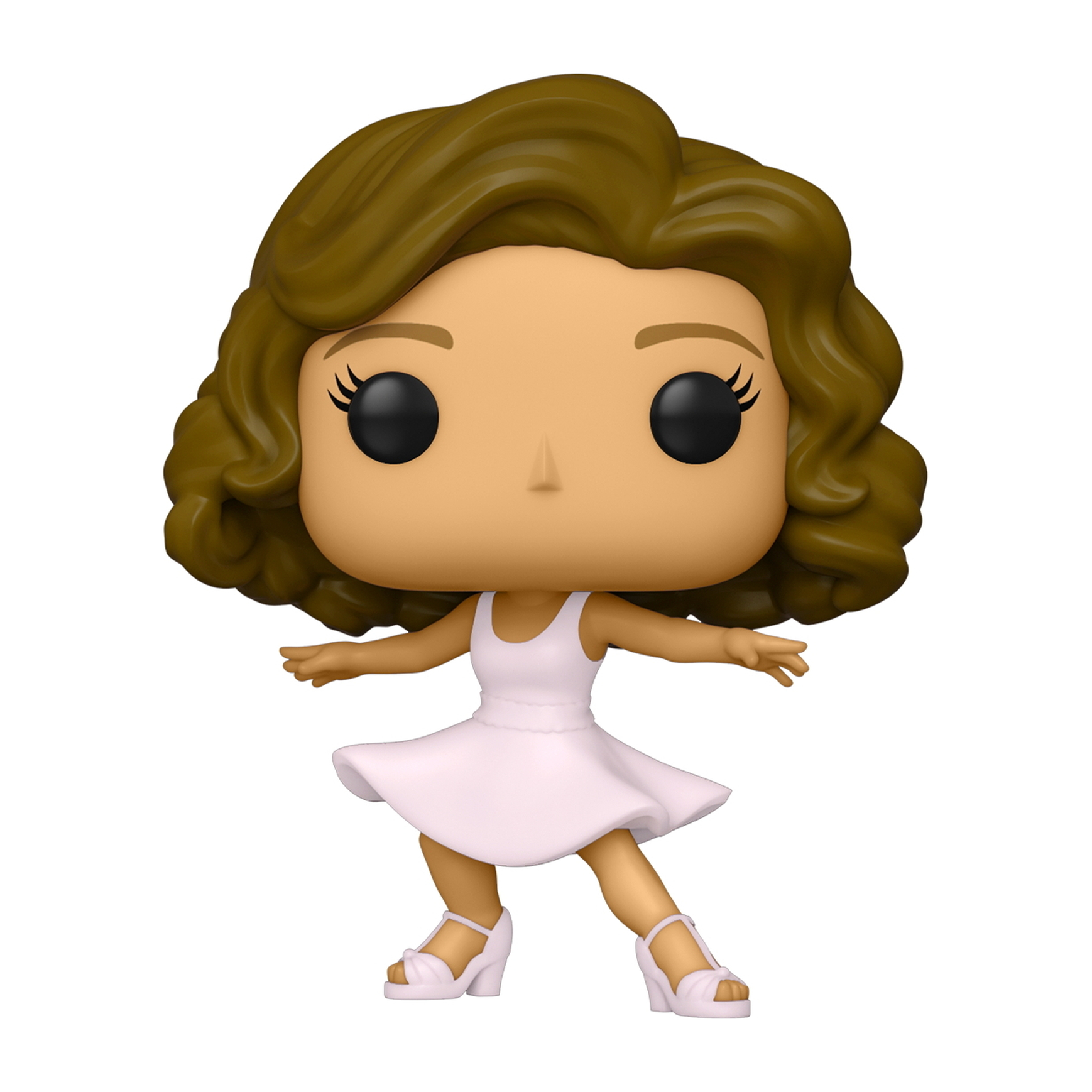 Funko Pop Figur einer Frau in weißem Kleid, tanzend. Braune Haare und schwarze Augen.