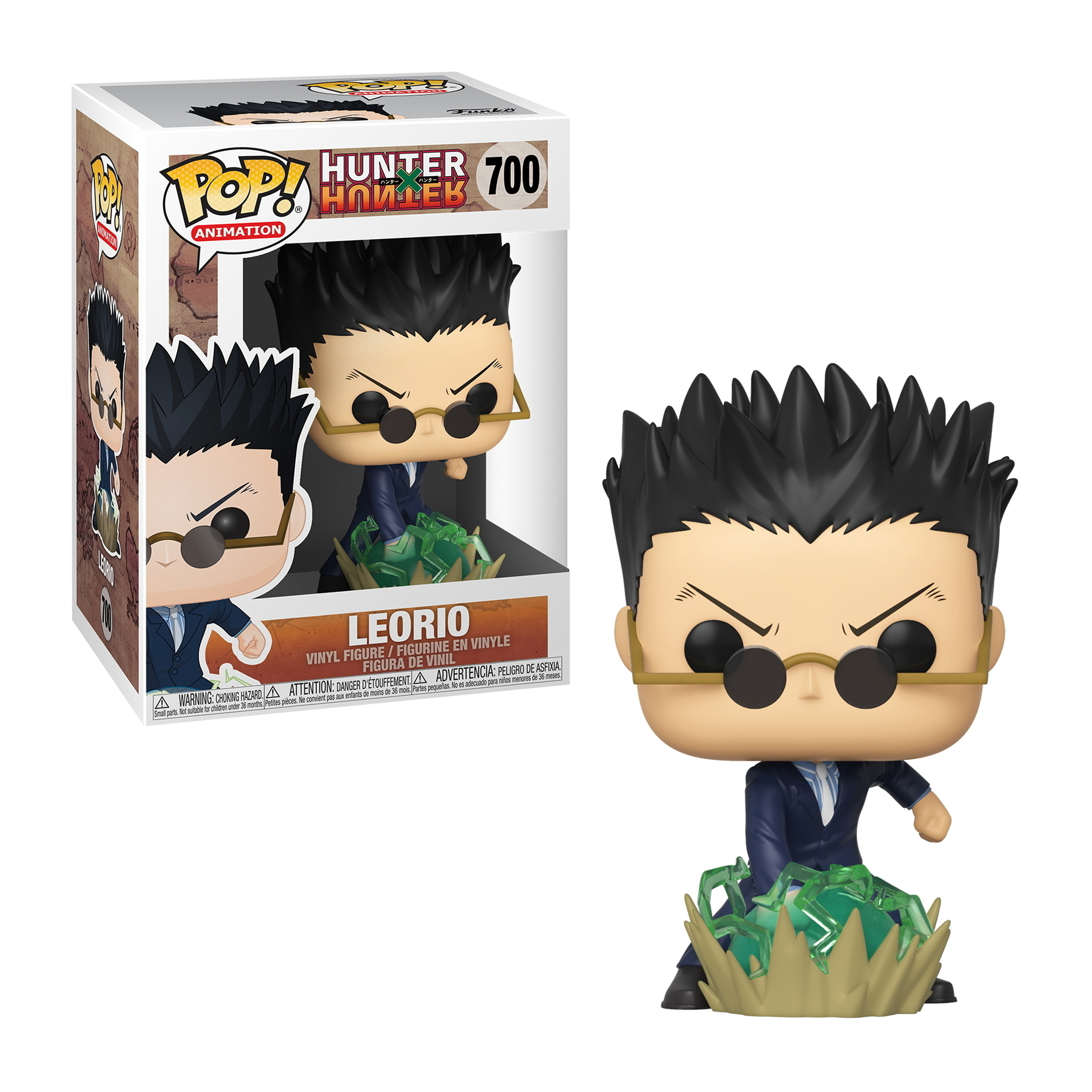 Leorio Funko Pop Figur mit Brille und grünen Kristallen, mit Box.