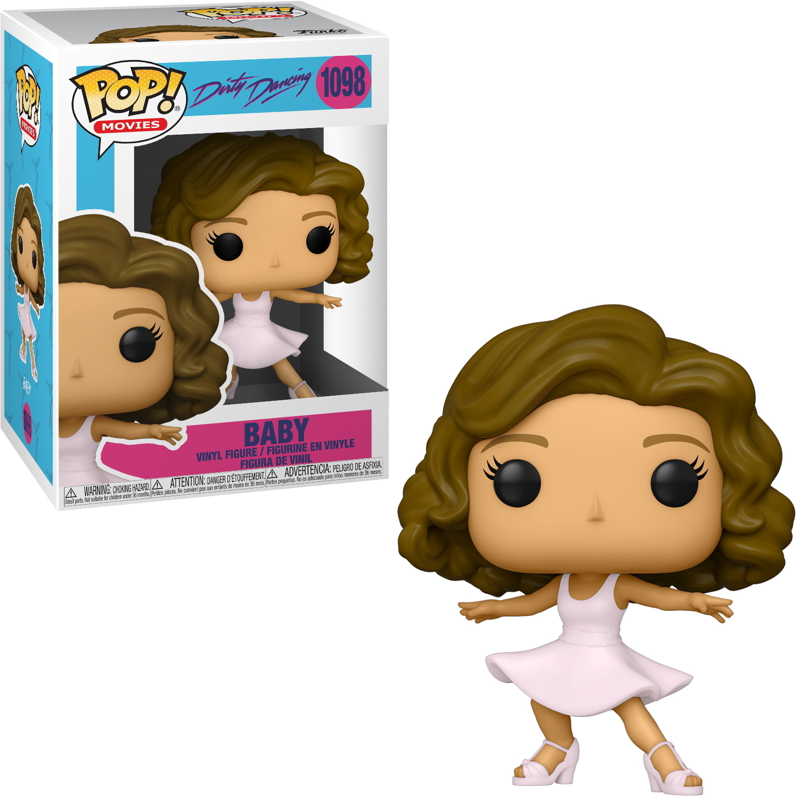 Baby aus Dirty Dancing Funko Pop! Figur. Weißes Kleid, braunes Haar und Tanzpose. Box zeigt den Charakter.
