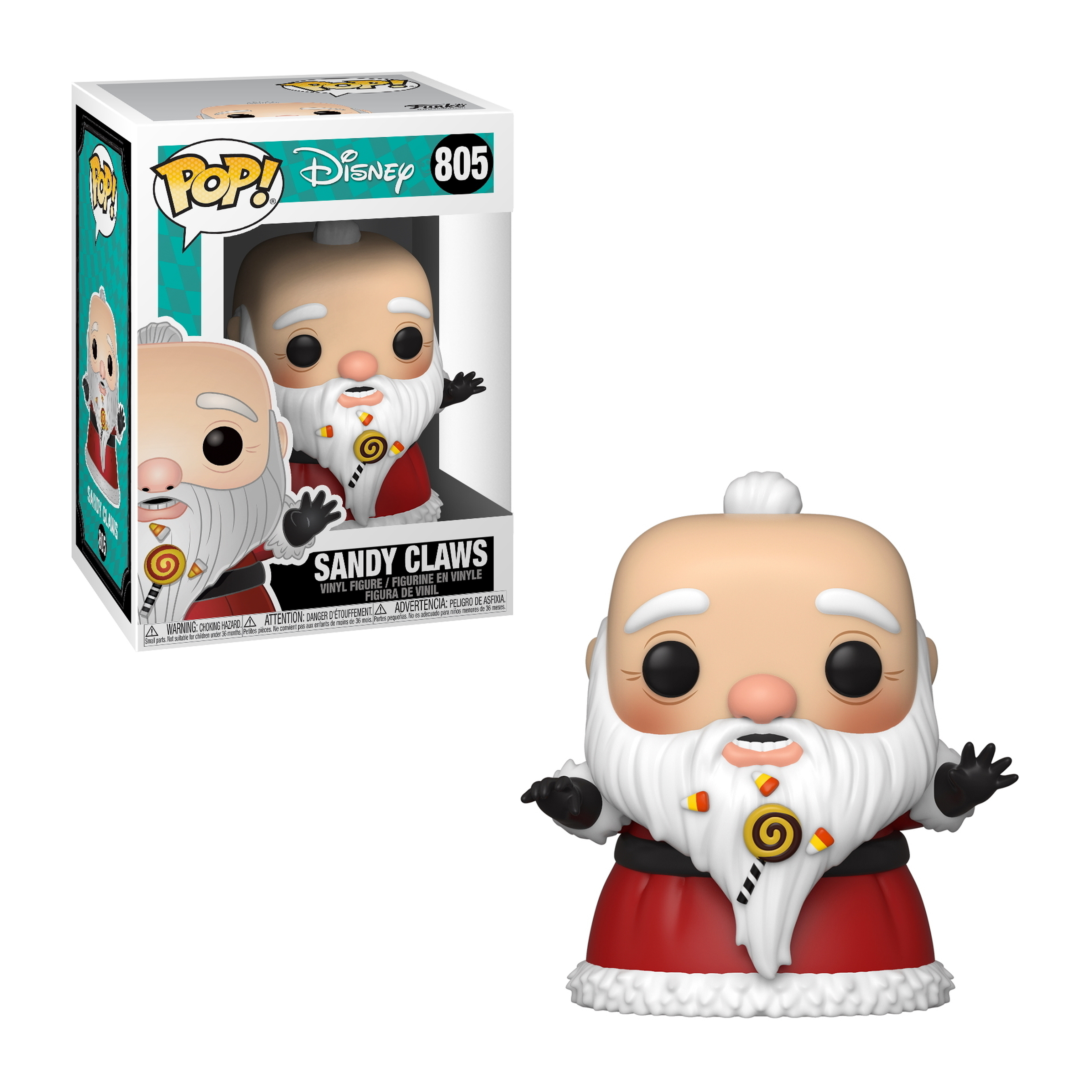 Funko Pop von Sandy Claws, trägt einen Weihnachtsmannanzug und hält eine Zuckerstange.