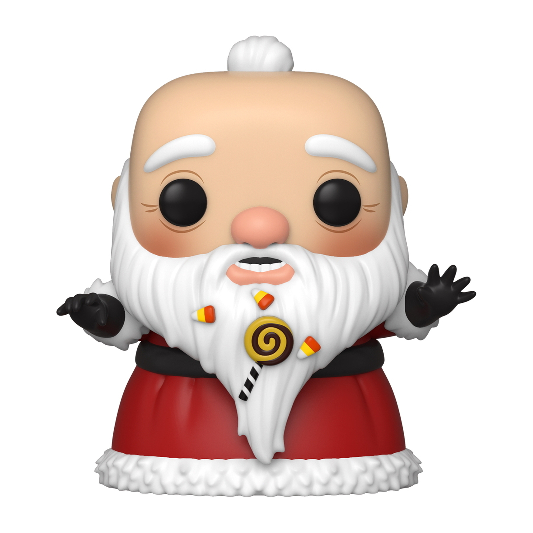 Eine Funko Pop Figur von Santa Claus mit rotem Anzug, weißem Bart und Süßigkeiten in der Hand.