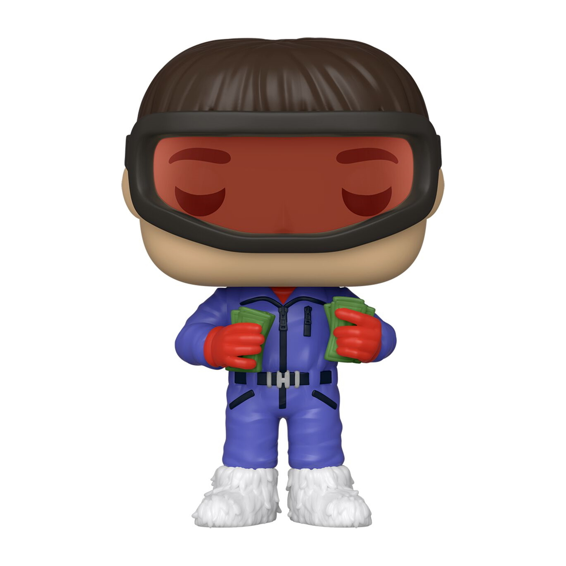 Funko Pop Figur eines Skifahrers in blauem Anzug, hält Geldscheine, rote Handschuhe und eine Brille.