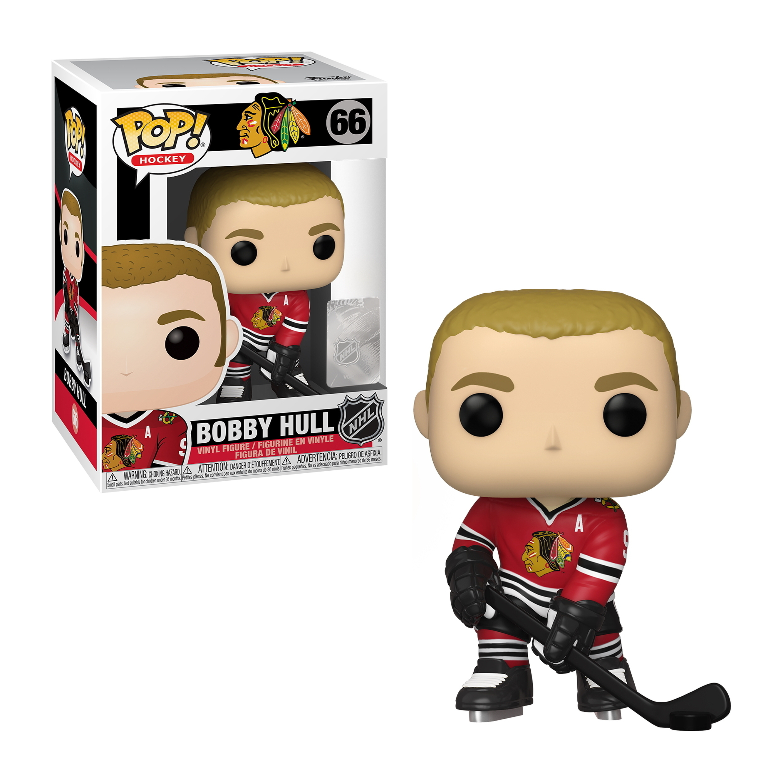 Bobby Hull Hockey-Figur in einem roten Trikot, hält einen Hockeyschläger. Box-Bild enthalten. Die Figur steht.