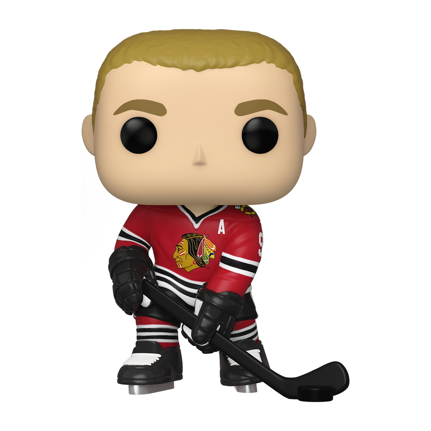 Hockey-Spieler-Figur. Rotes und schwarzes Trikot, schwarze Handschuhe, hält einen Hockeyschläger.