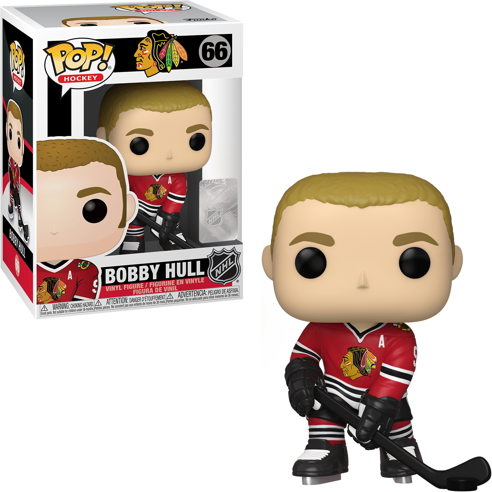 Bobby Hull Eishockeyspieler Figur in Blackhawks-Uniform, hält einen Hockeyschläger, in der Box.