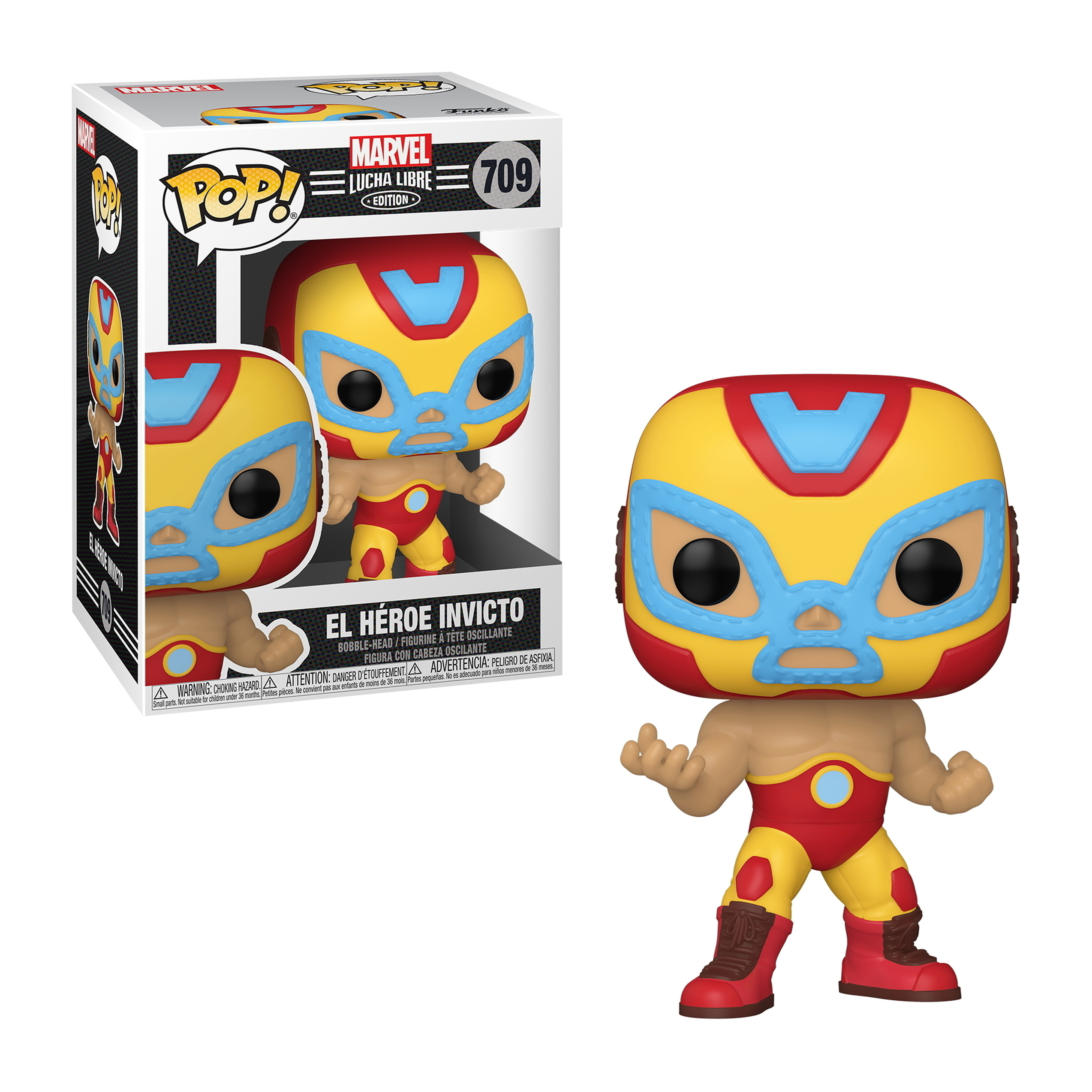El Heroe Invicto Marvel Funko Pop Figur. Trägt eine gelbe und rote Lucha Libre Maske und Outfit.