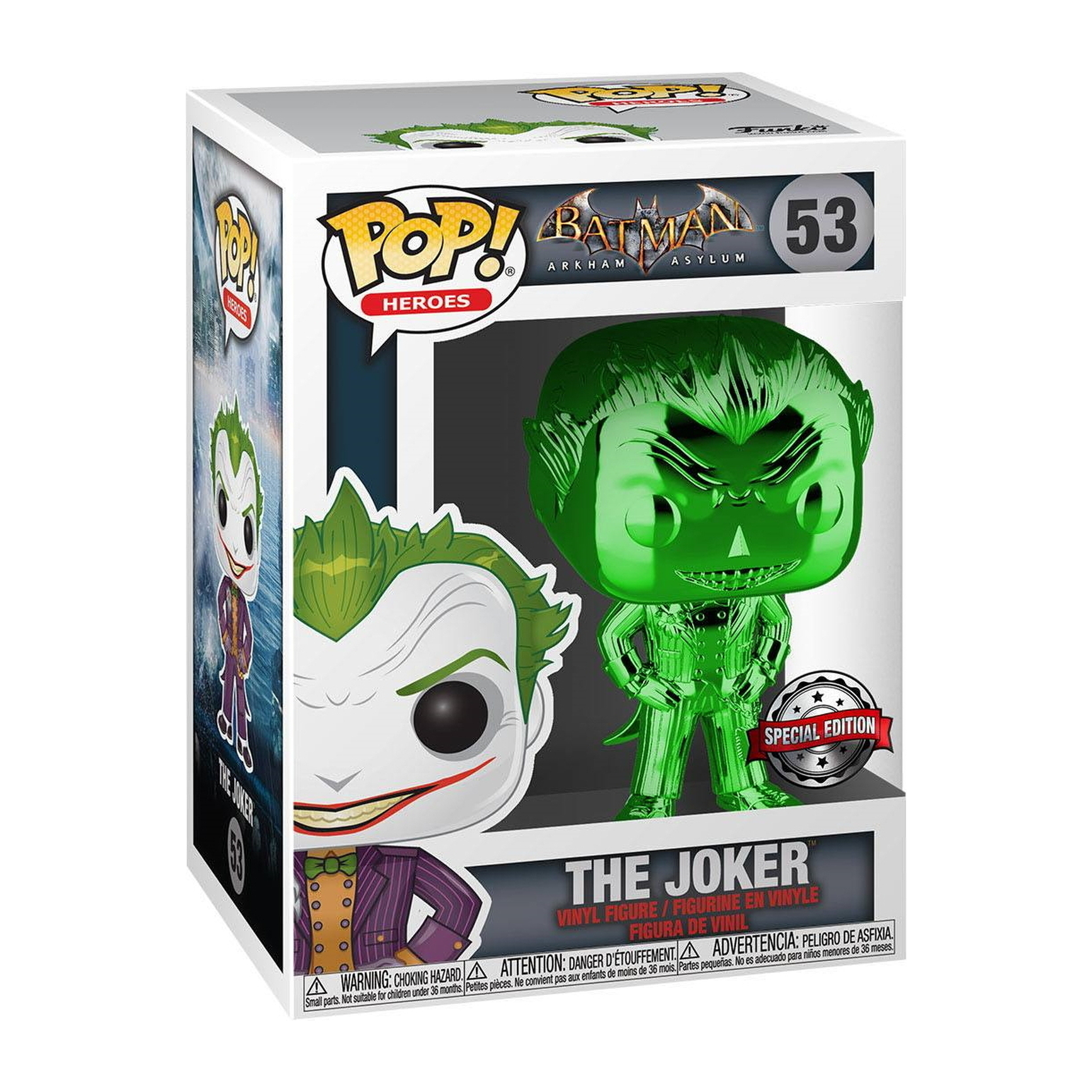 The Joker Funko Pop Figur, grün durchscheinend, in einer Box, mit Batman- und Funko-Logos.