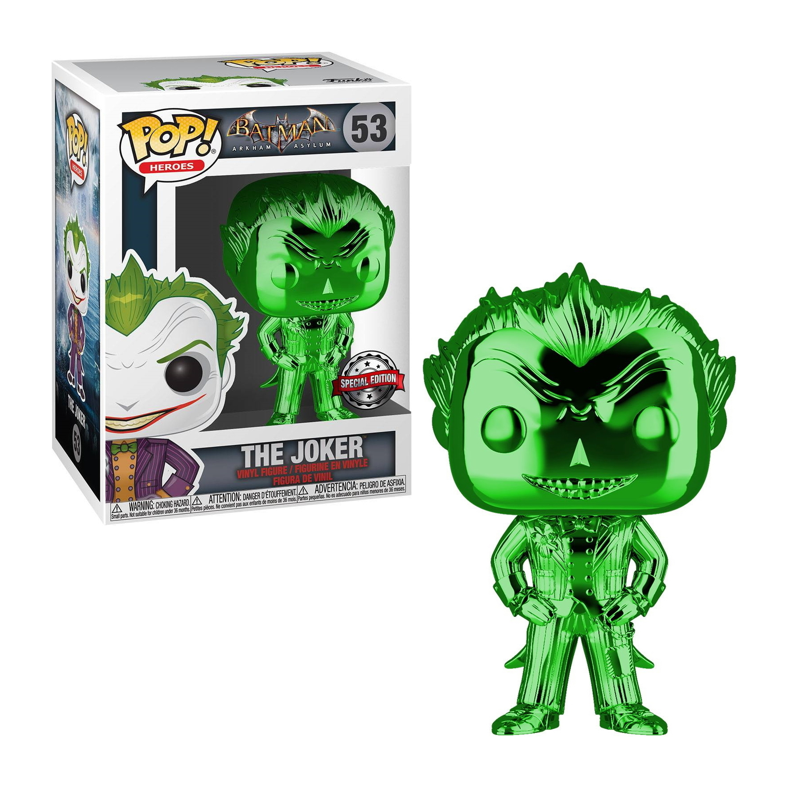 Grüne metallische Joker-Figur, mit einer Box mit dem Joker.