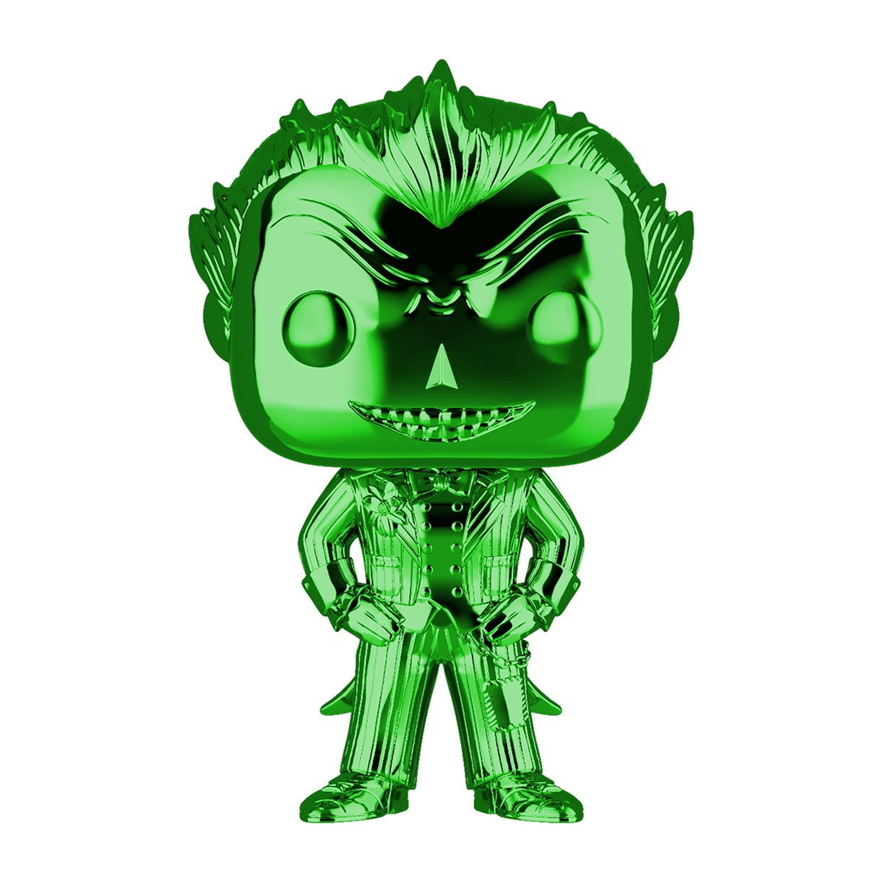 Grüne metallische Joker Figur. Es hat ein scharfes Grinsen und ist in einem Anzug. Das ist ein Spielzeug.