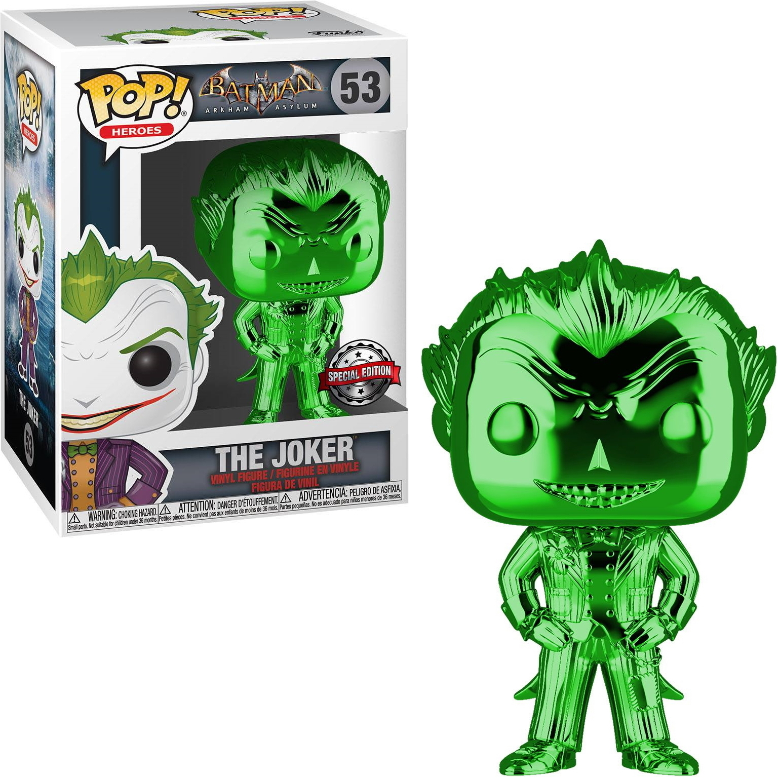 Grüne metallische Joker Funko Pop Figur und Box. Die Figur ist eine Sonderausgabe.