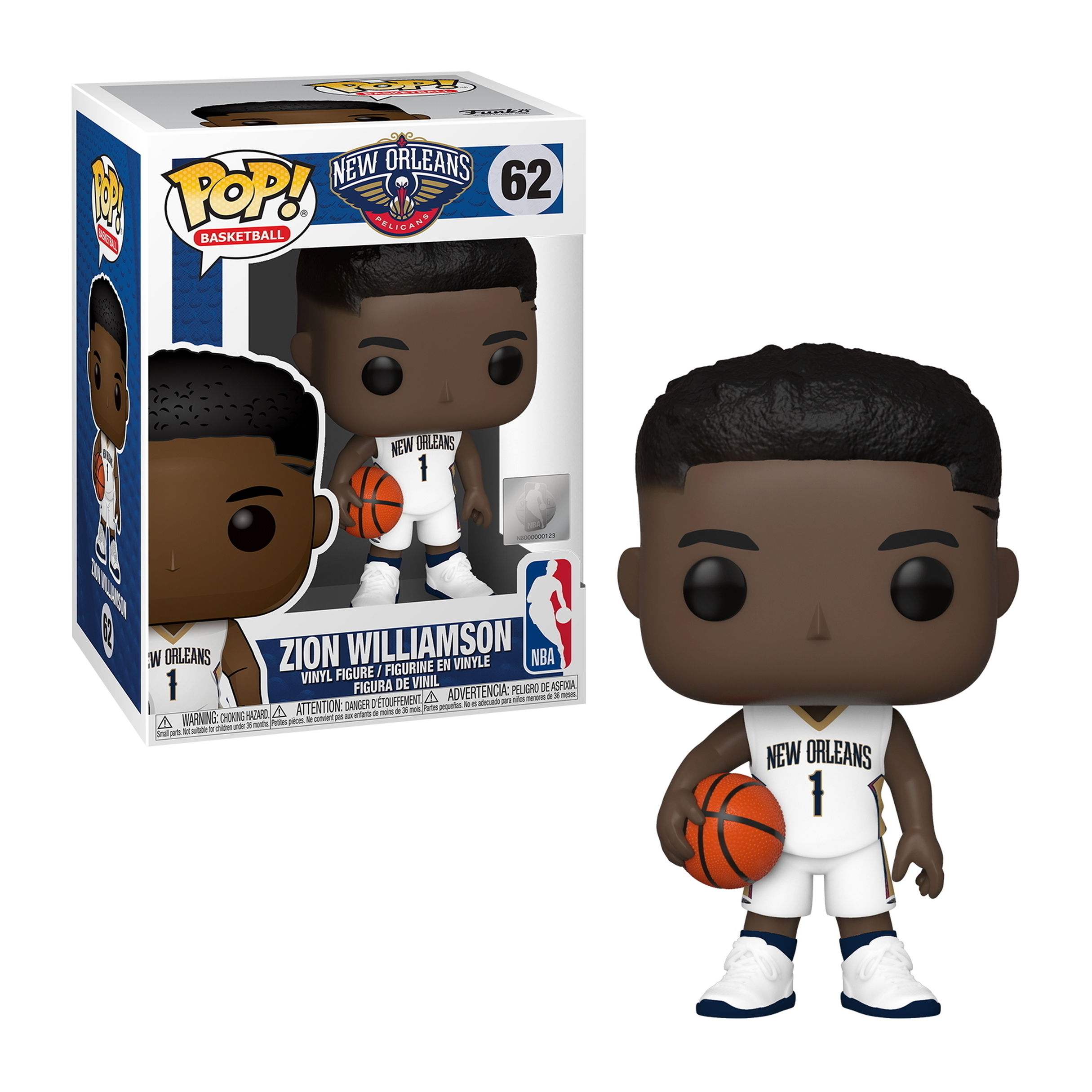 Figura di Zion Williamson con un pallone da basket, in una scatola. Indossa una maglia di New Orleans con il numero 1.